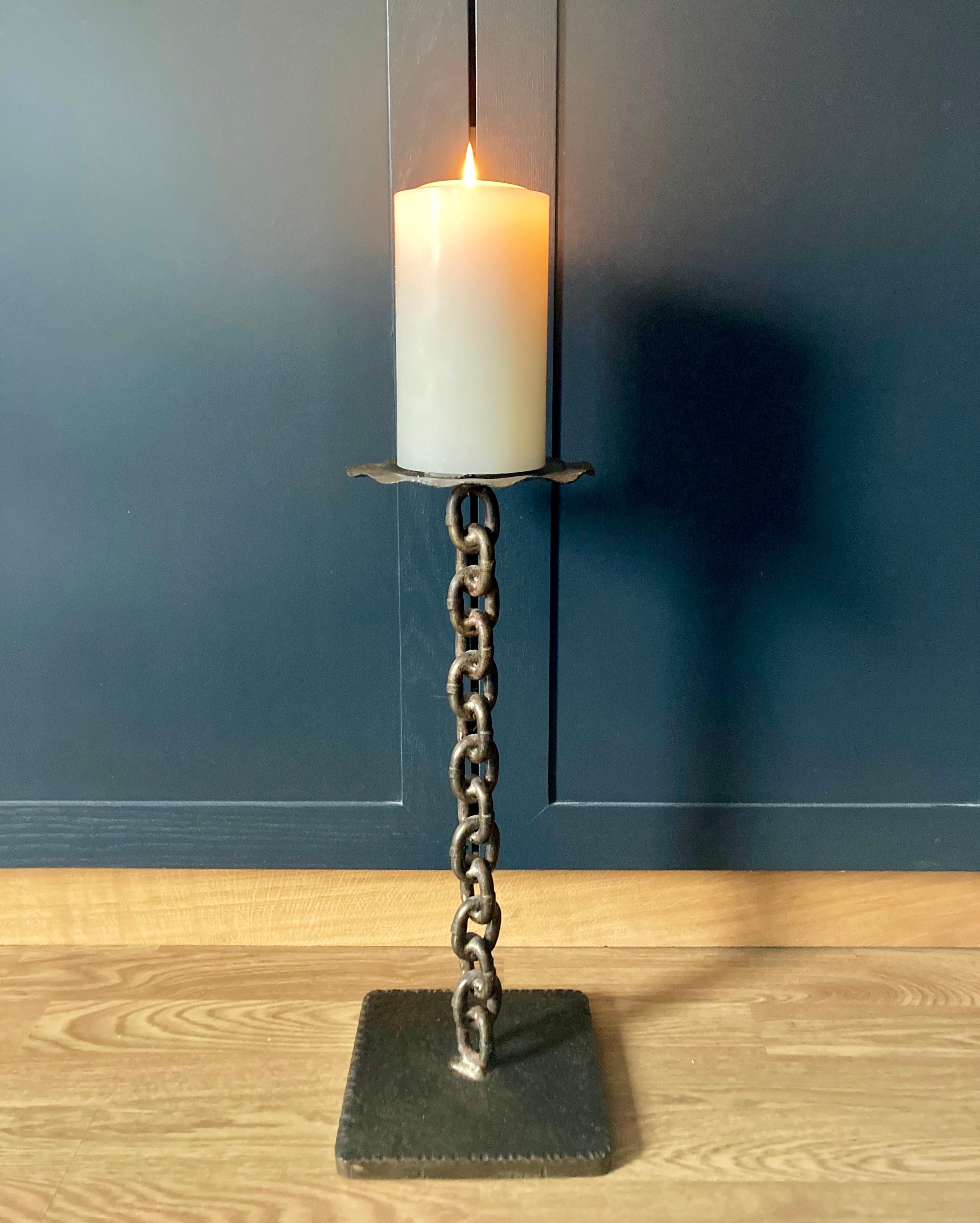 European Mid-Century French Handcrafted Brutalist Iron Chain Link Candleholder  For Sale