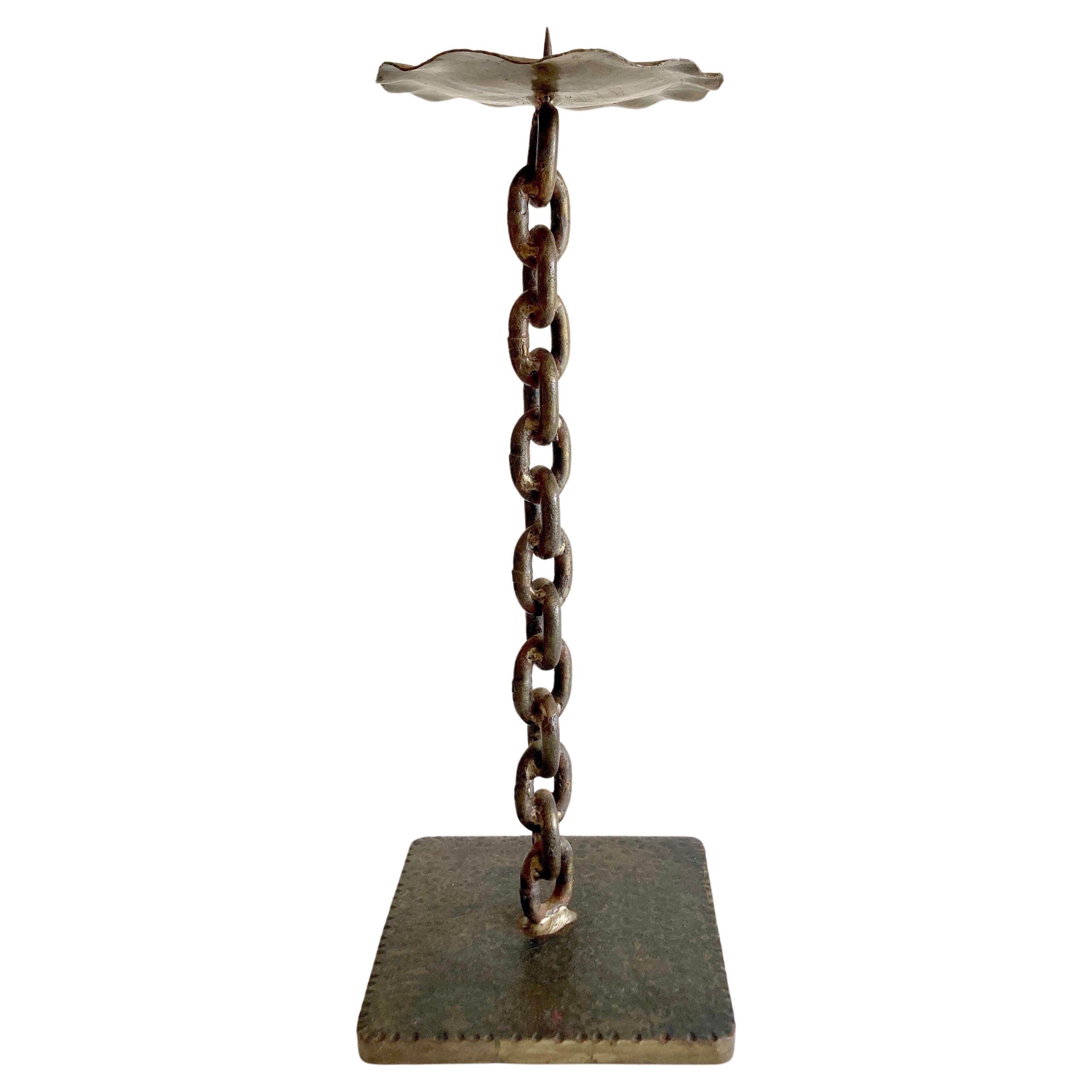 Mid-Century French Handcrafted Brutalist Iron Chain Link Candleholder  For Sale
