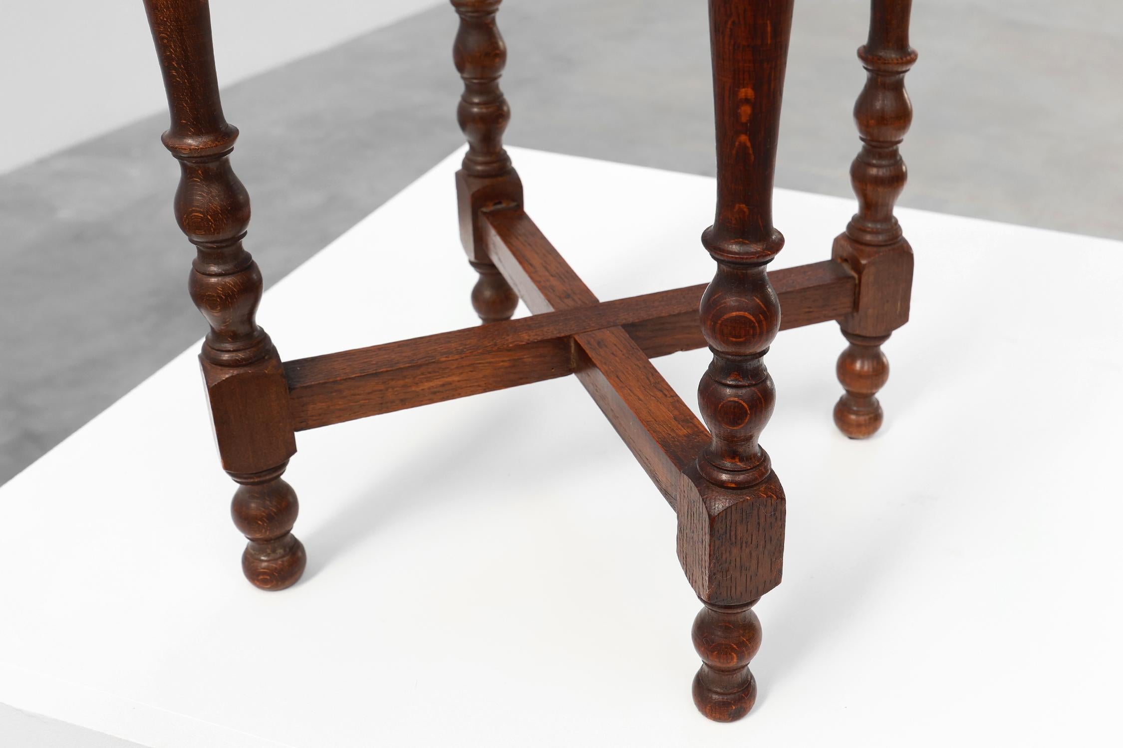 Mid-20th Century Mid-century French hexagonal turned legs oak side table, France 1940s For Sale