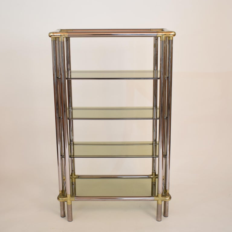 Midcentury French Hollywood Regency Chrome Brass Étagère Display Glass Shelf For Sale at 1stDibs