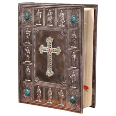 Bibbia sacra francese di metà secolo con copertina in argento placcato Repousse datata 1960