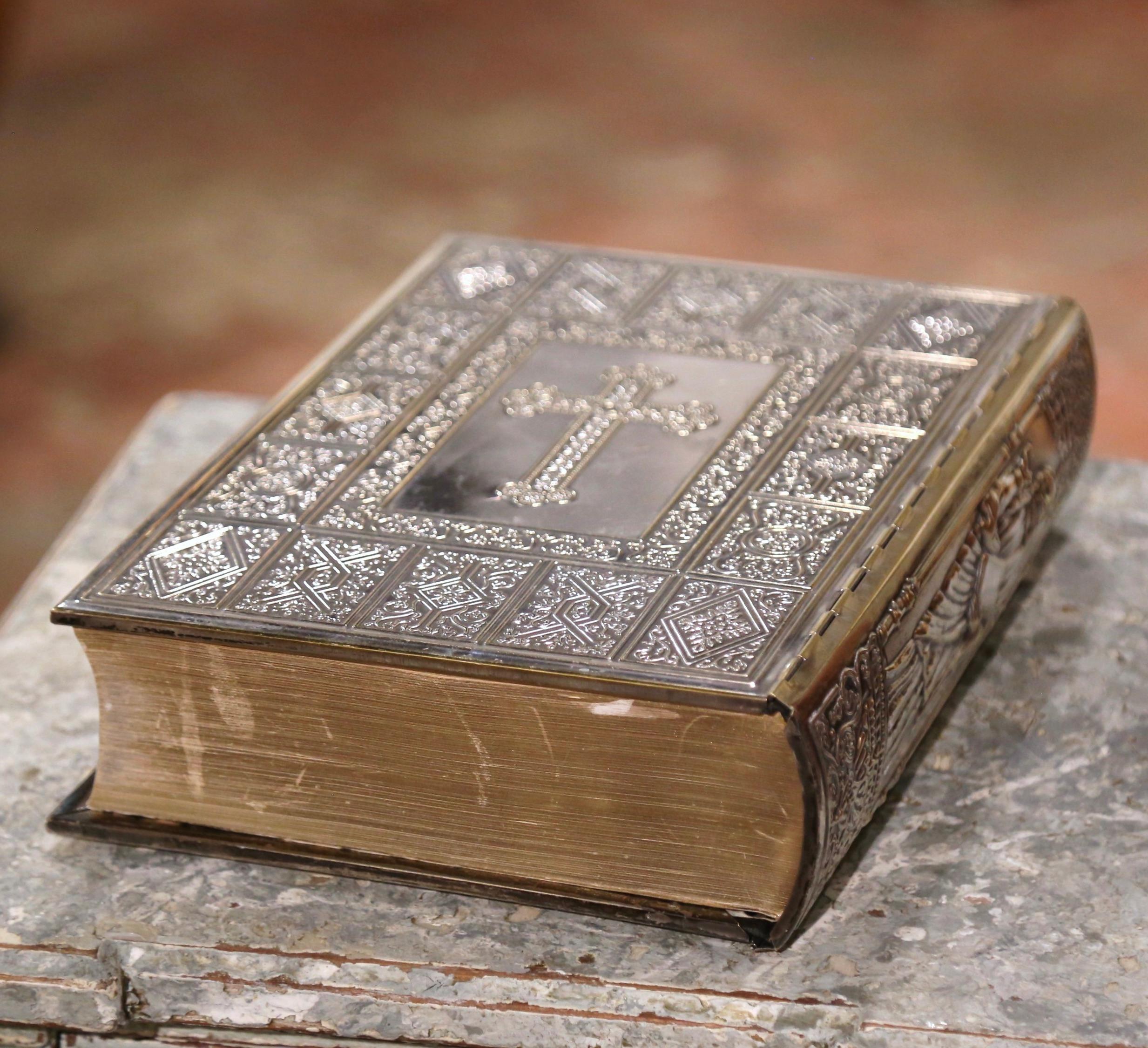 Mid-Century French Holy Bible with Silver Plated Repousse Cover Dated 1961 4