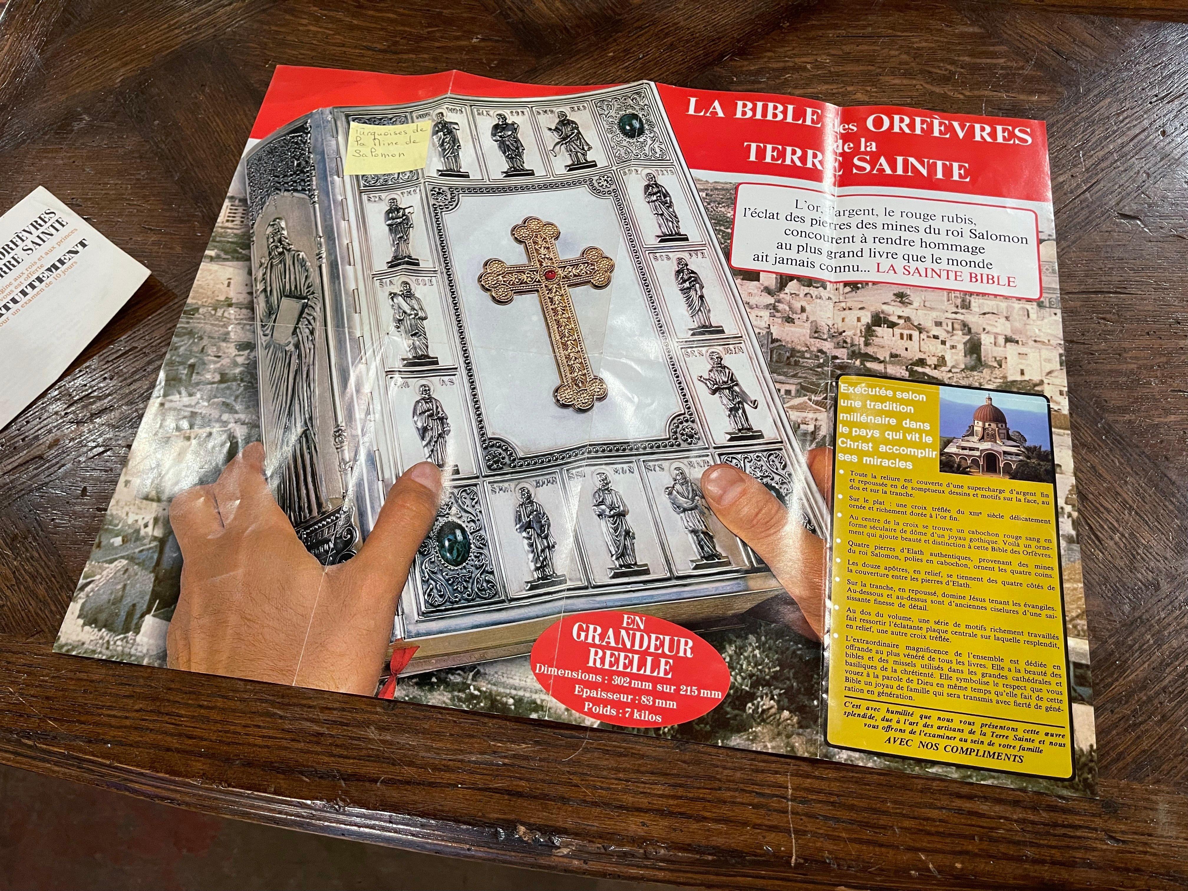 Mid-Century French Holy Bible with Silver Plated Repousse Cover Dated 1961 9