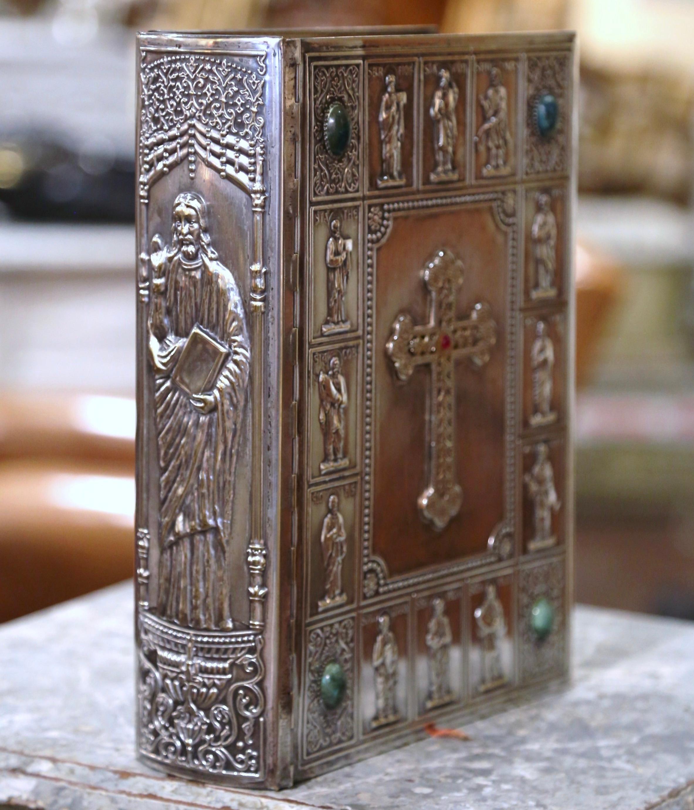 Hand-Crafted Mid-Century French Holy Bible with Silver Plated Repousse Cover Dated 1961