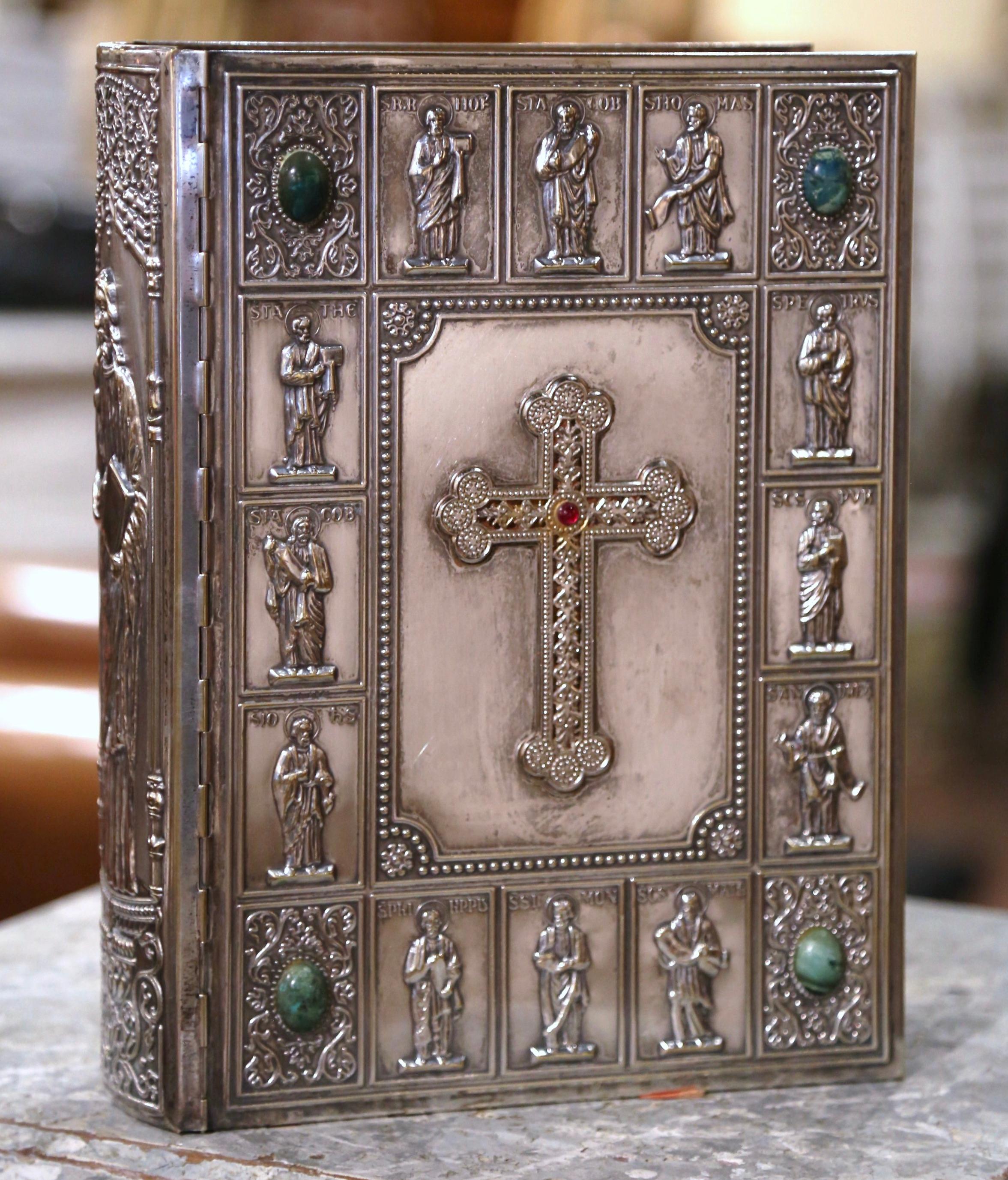 Multi-gemstone Mid-Century French Holy Bible with Silver Plated Repousse Cover Dated 1961