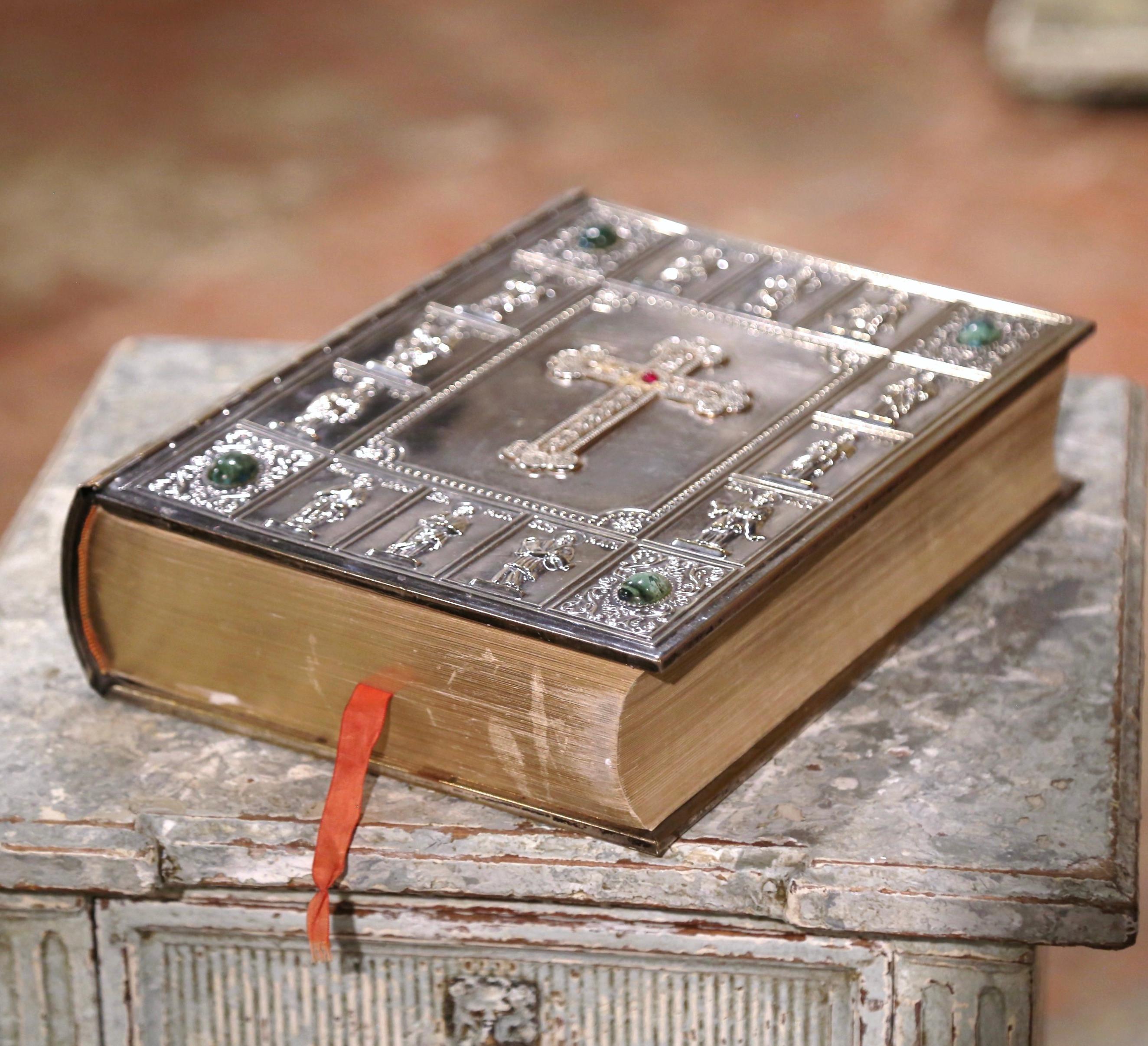 Mid-Century French Holy Bible with Silver Plated Repousse Cover Dated 1961 3