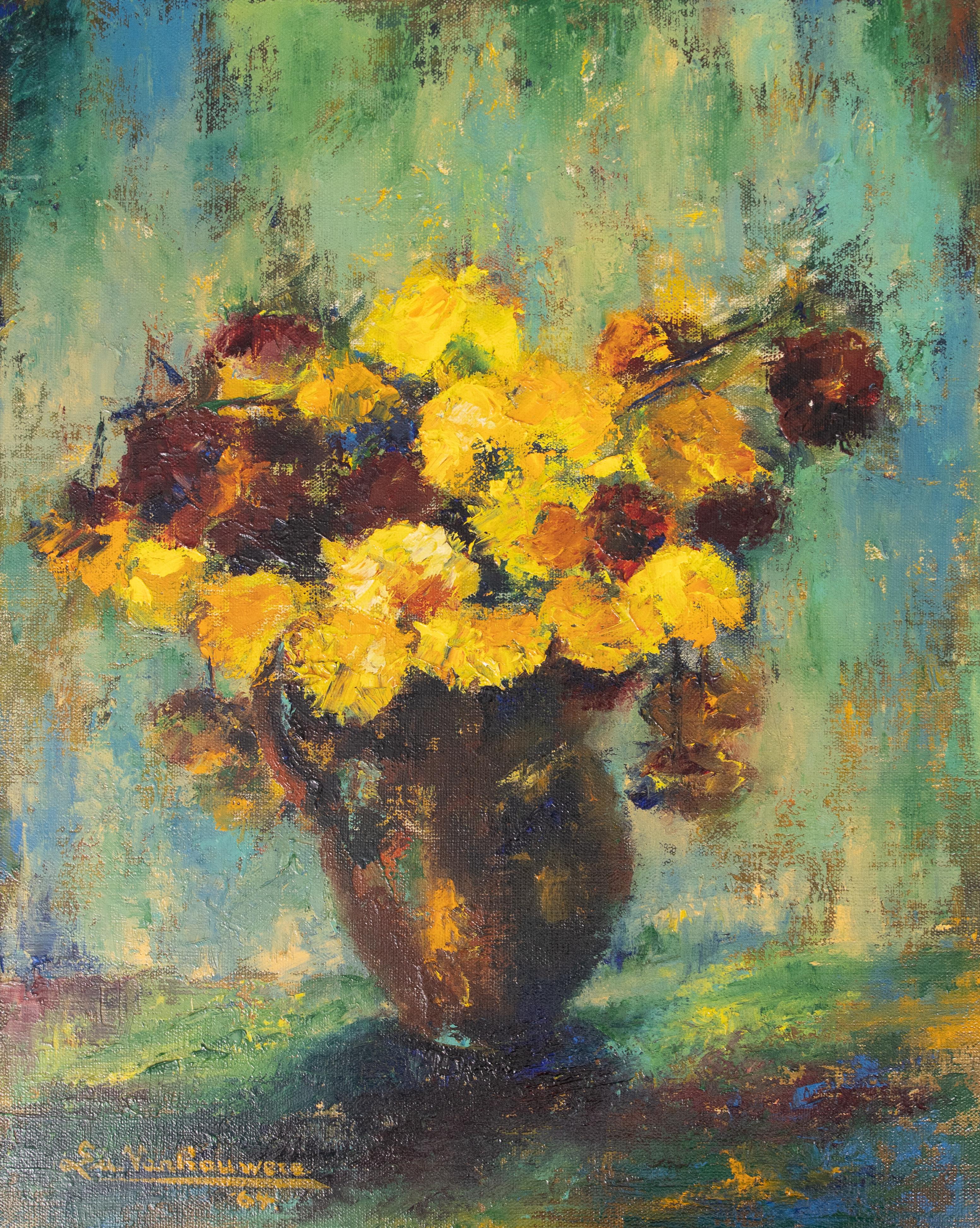 French Impressionist floral still life featuring a glorious burst of golden, ochre and deep burgundy with heavy impasto, against a lustrous backdrop of blues, teals, and greens. Oil on canvas. Signed lower left and dated, 1964.

Dimensions: 19
