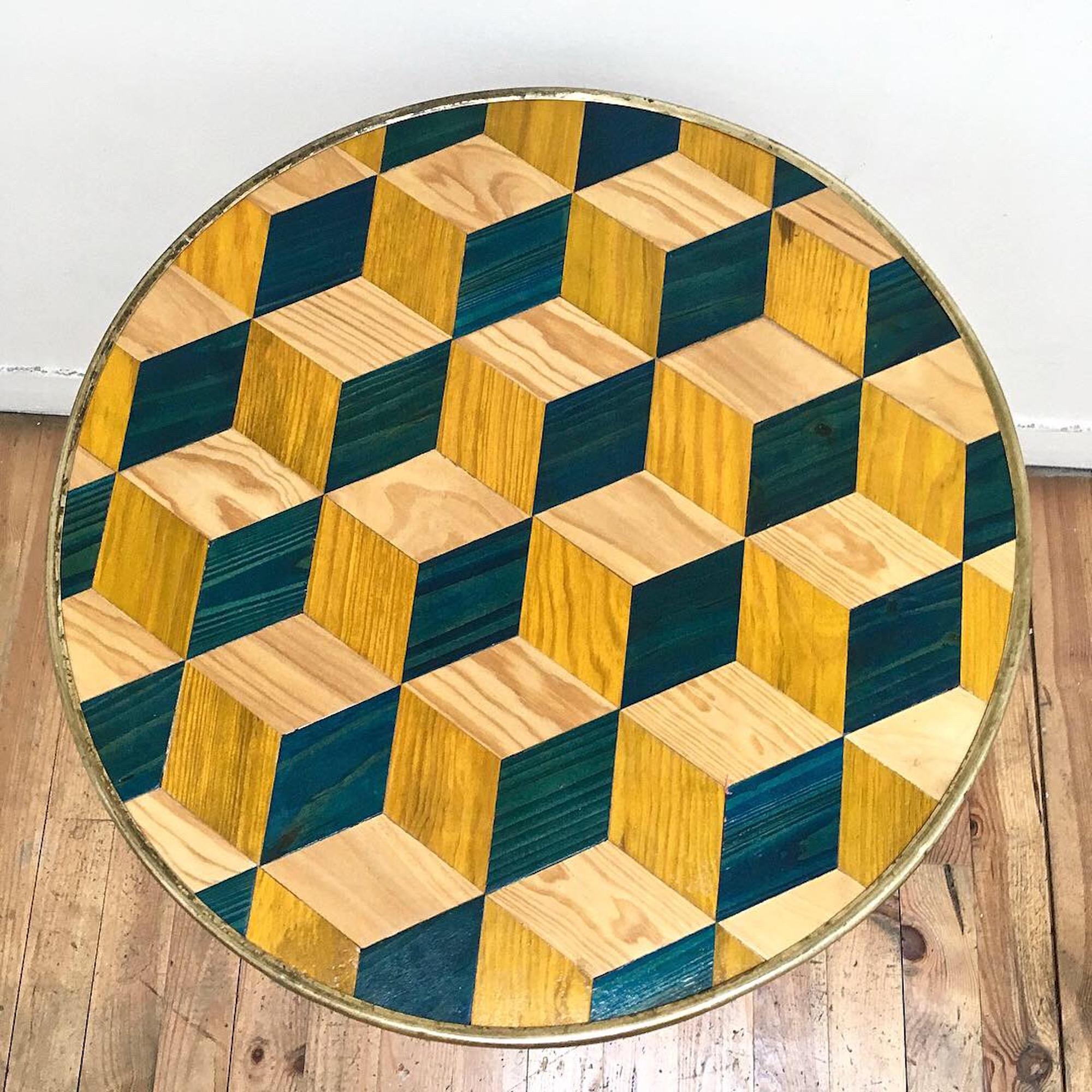 Brass Midcentury French Inlaid Pedestal Table For Sale