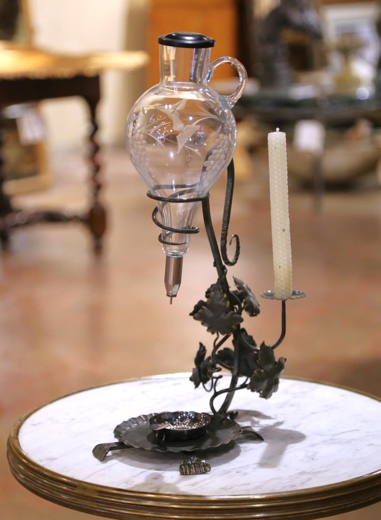 Mid-Century French Iron and Glass Wine Decanter Dispenser with