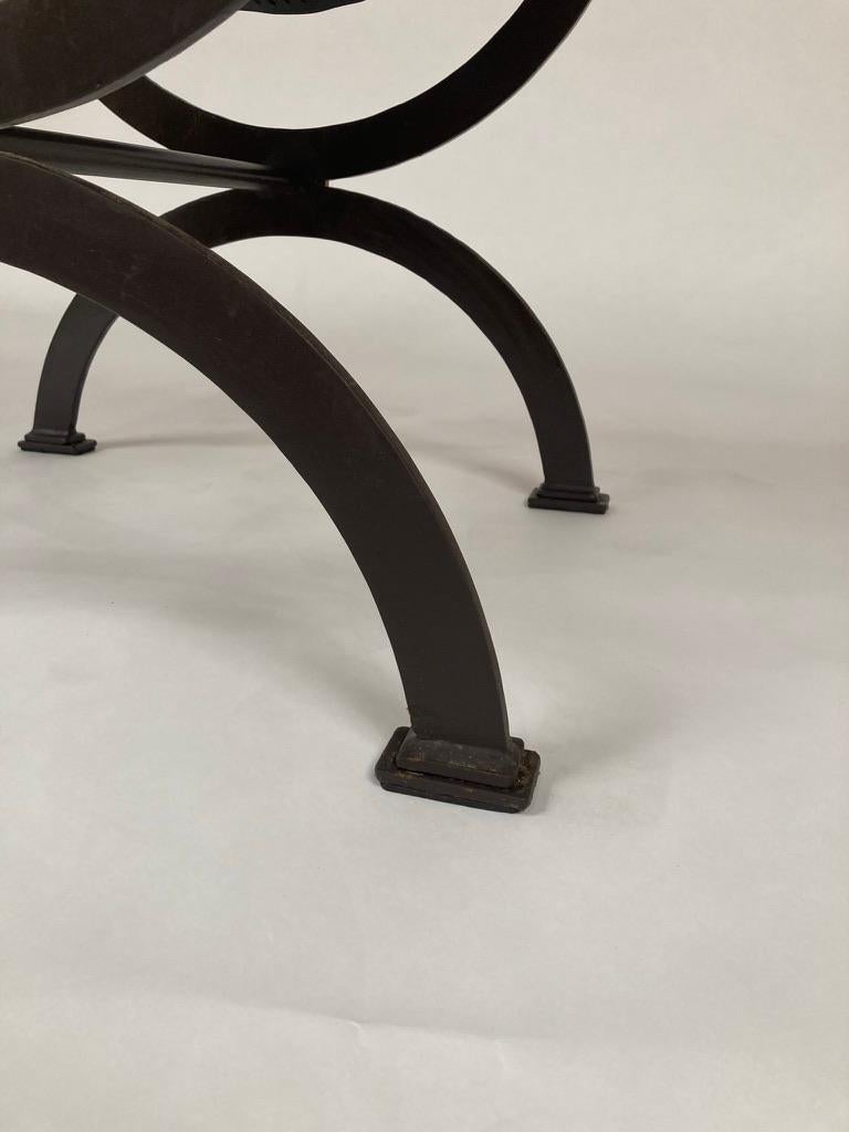 Mid Century French Iron and Leather X Form Stool with Bronze Mounts 3