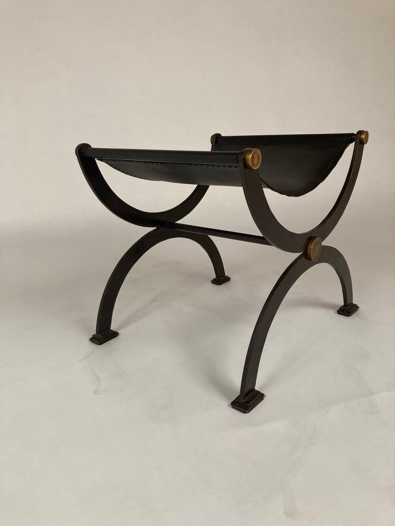 Mid Century French Iron and Leather X Form Stool with Bronze Mounts 6