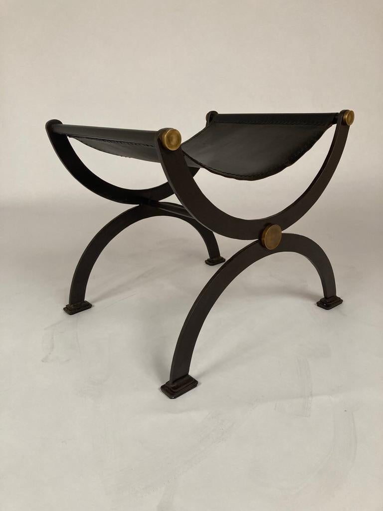 Mid Century French Iron and Leather X Form Stool with Bronze Mounts 13
