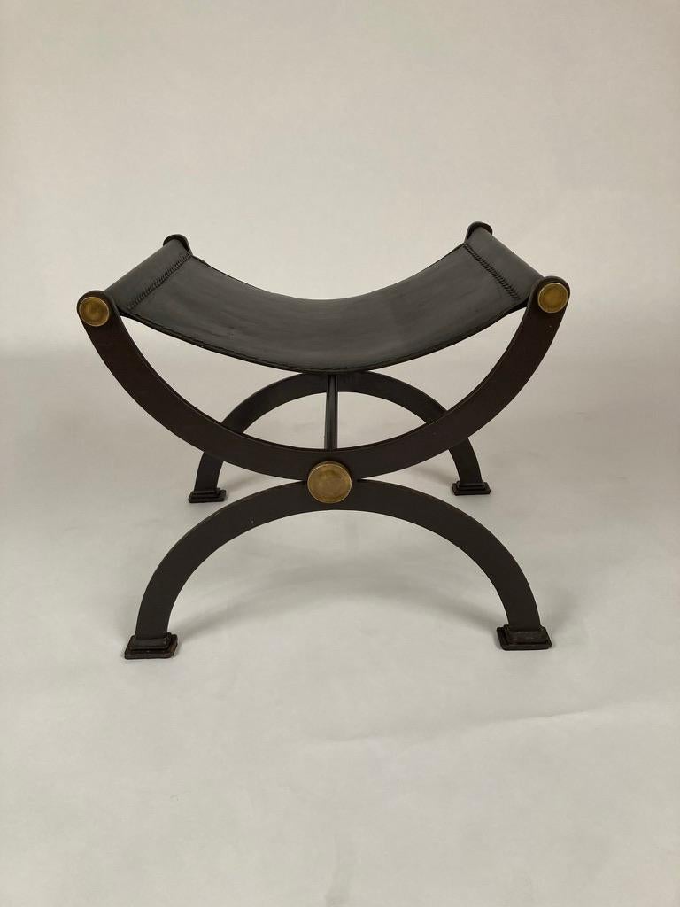 Mid-Century Modern Mid Century French Iron and Leather X Form Stool with Bronze Mounts
