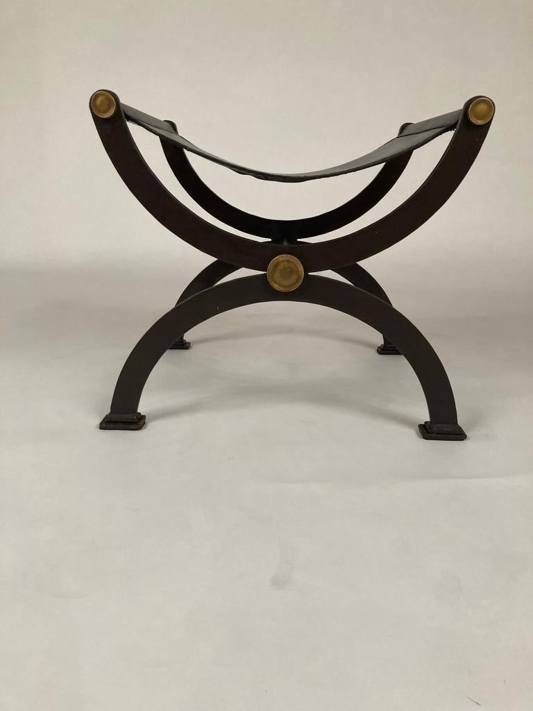 Lacquered Mid Century French Iron and Leather X Form Stool with Bronze Mounts