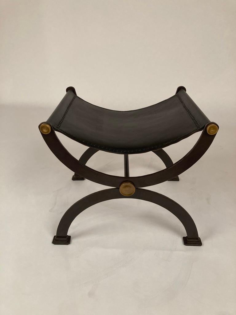 Mid Century French Iron and Leather X Form Stool with Bronze Mounts In Good Condition In Stamford, CT