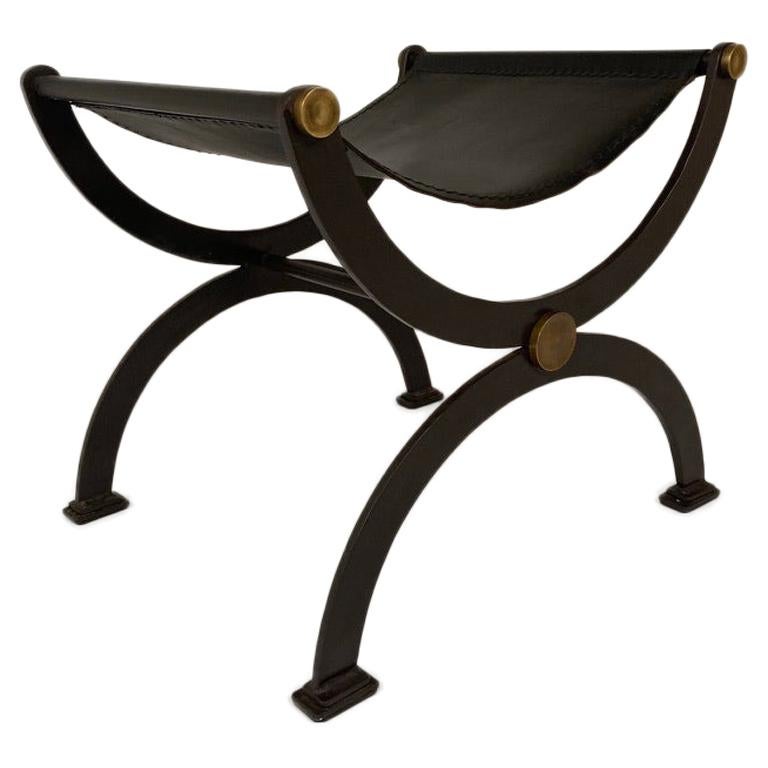Mid Century French Iron and Leather X Form Stool with Bronze Mounts