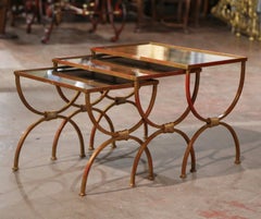 Mid-Century French Iron and Mirrored Glass Curule Nesting Tables, Set of 3