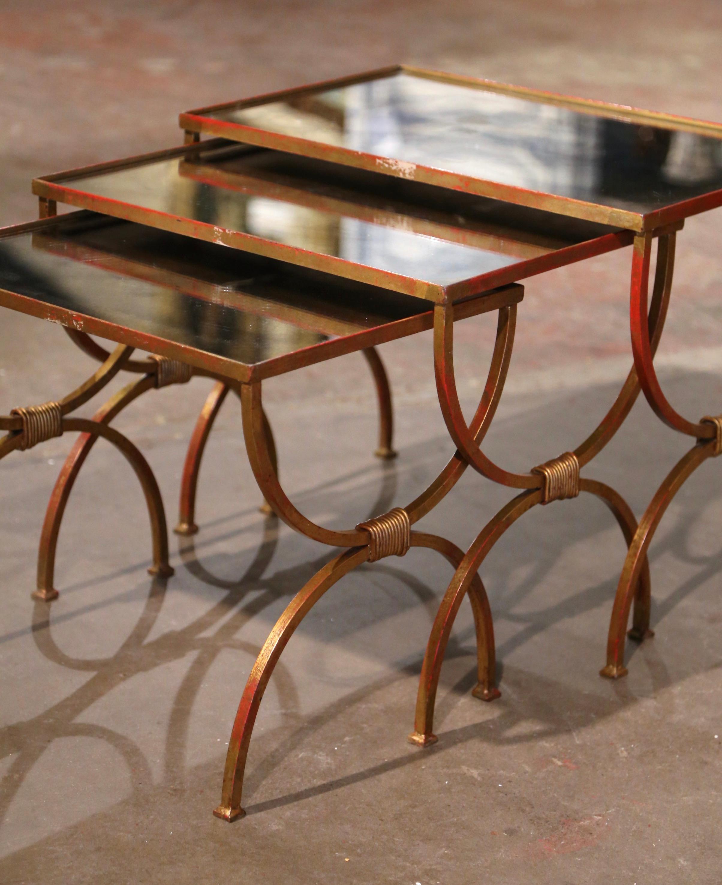 Hand-Crafted Mid-Century French Iron and Mirrored Glass Curule Nesting Tables, Set of 3  For Sale
