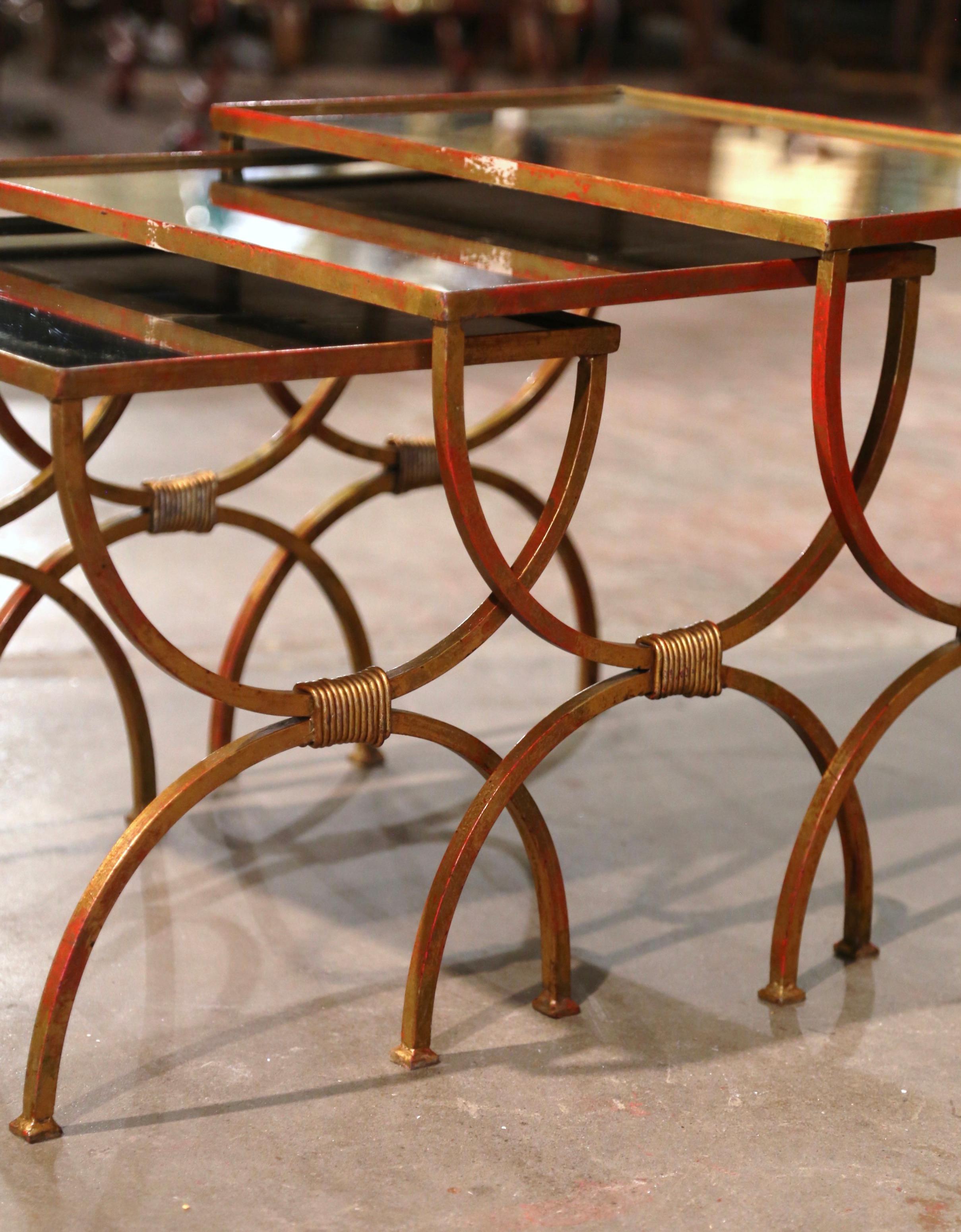 Mid-Century French Iron and Mirrored Glass Curule Nesting Tables, Set of 3  In Excellent Condition For Sale In Dallas, TX