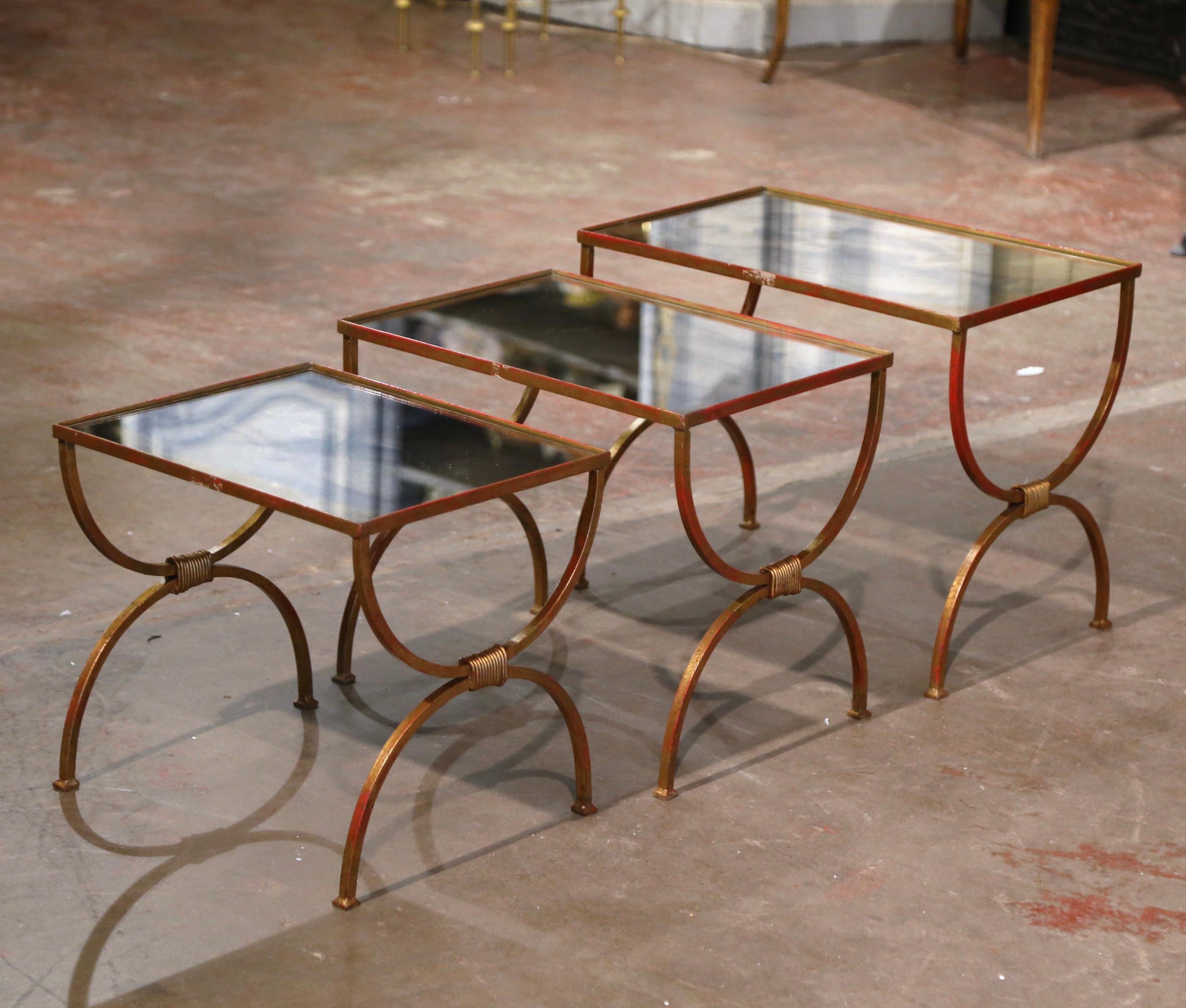 Mid-Century French Iron and Mirrored Glass Curule Nesting Tables, Set of 3  For Sale 2