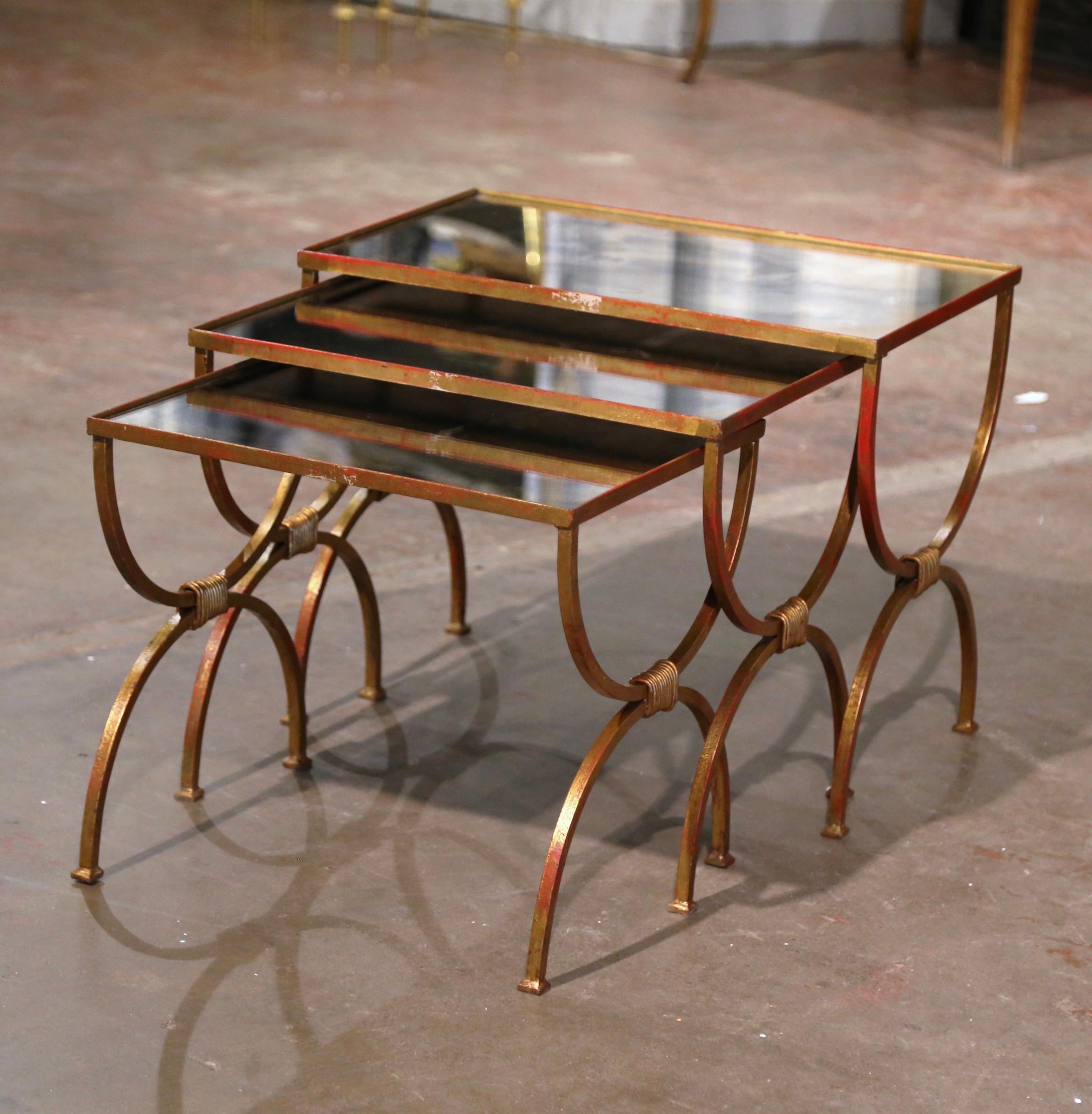 Mid-Century French Iron and Mirrored Glass Curule Nesting Tables, Set of 3 For Sale 3