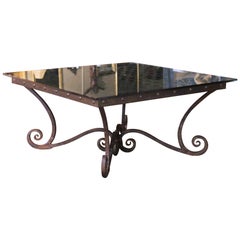 Mid-Century French Iron and Oak Riddling Board Table with Glass Top