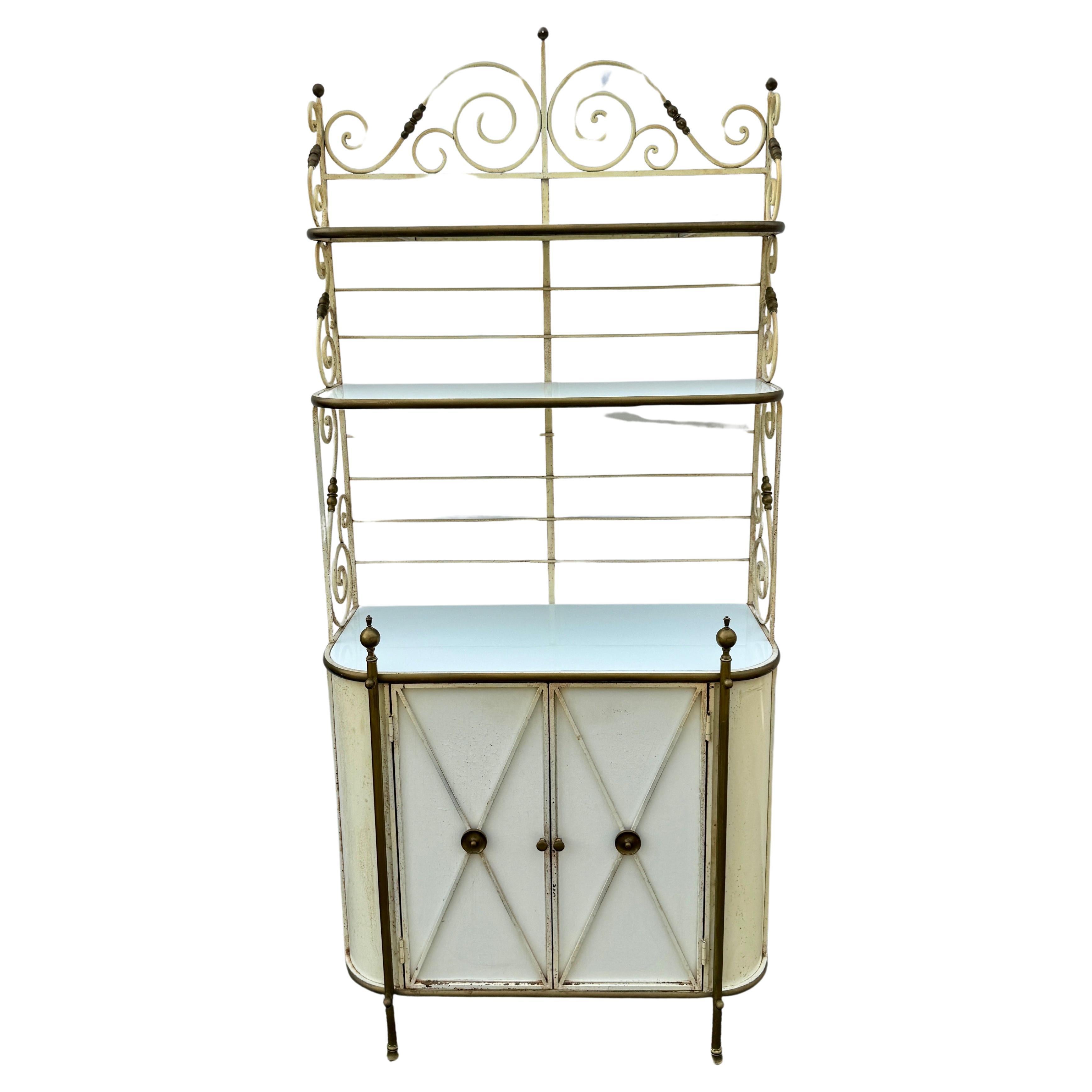 French Iron Brass Bakers Rack Bar Cabinet with Milk Glass Shelves and 

Impressive Iron Vintage French Bakers Rack with White Glass Shelves. Fantastic versatile Mid-Century piece with many uses including storing fresh breads or other food items as
