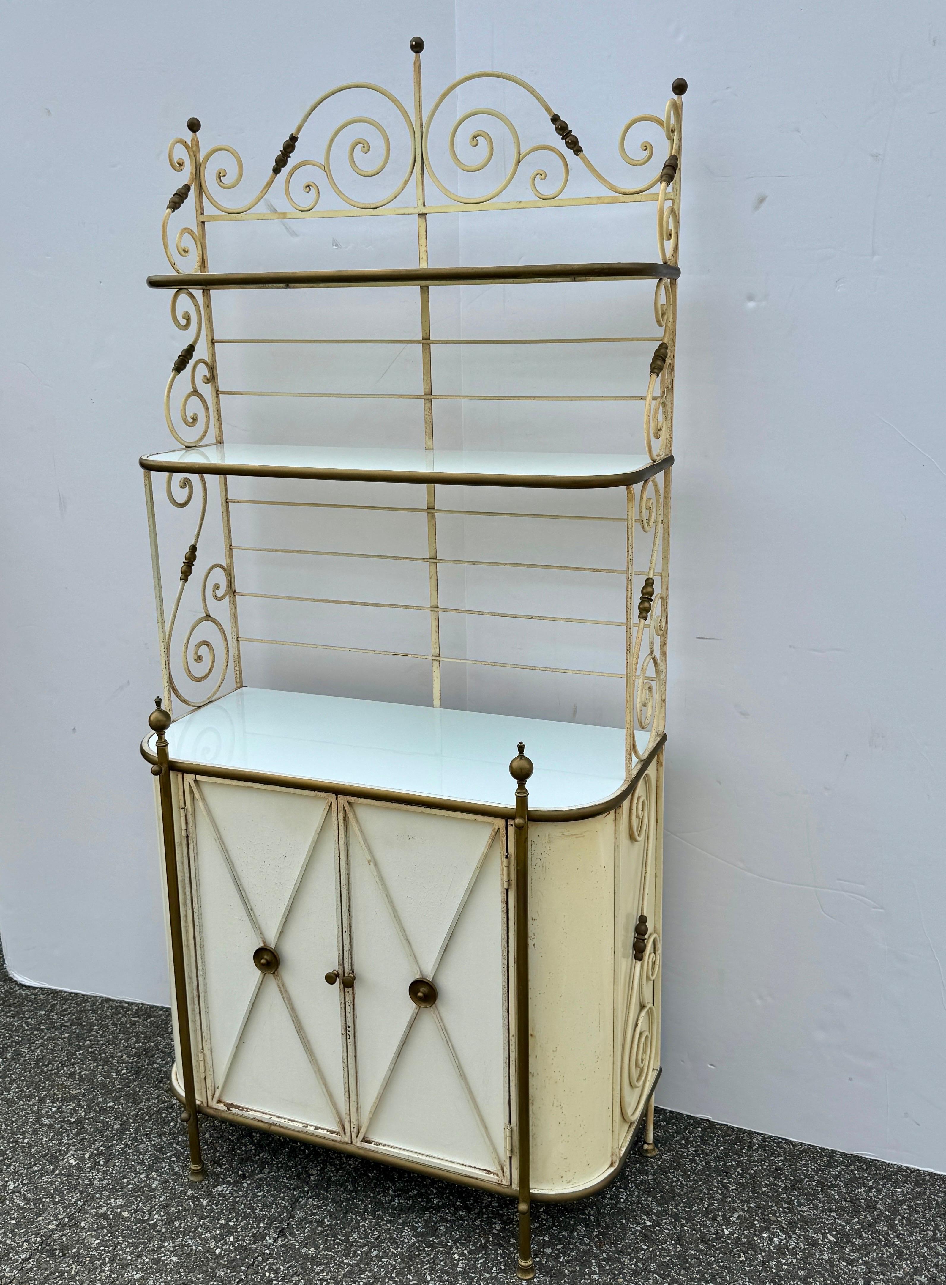 Hand-Crafted Mid-Century French Iron Brass Bakers Rack Bar Cabinet For Sale