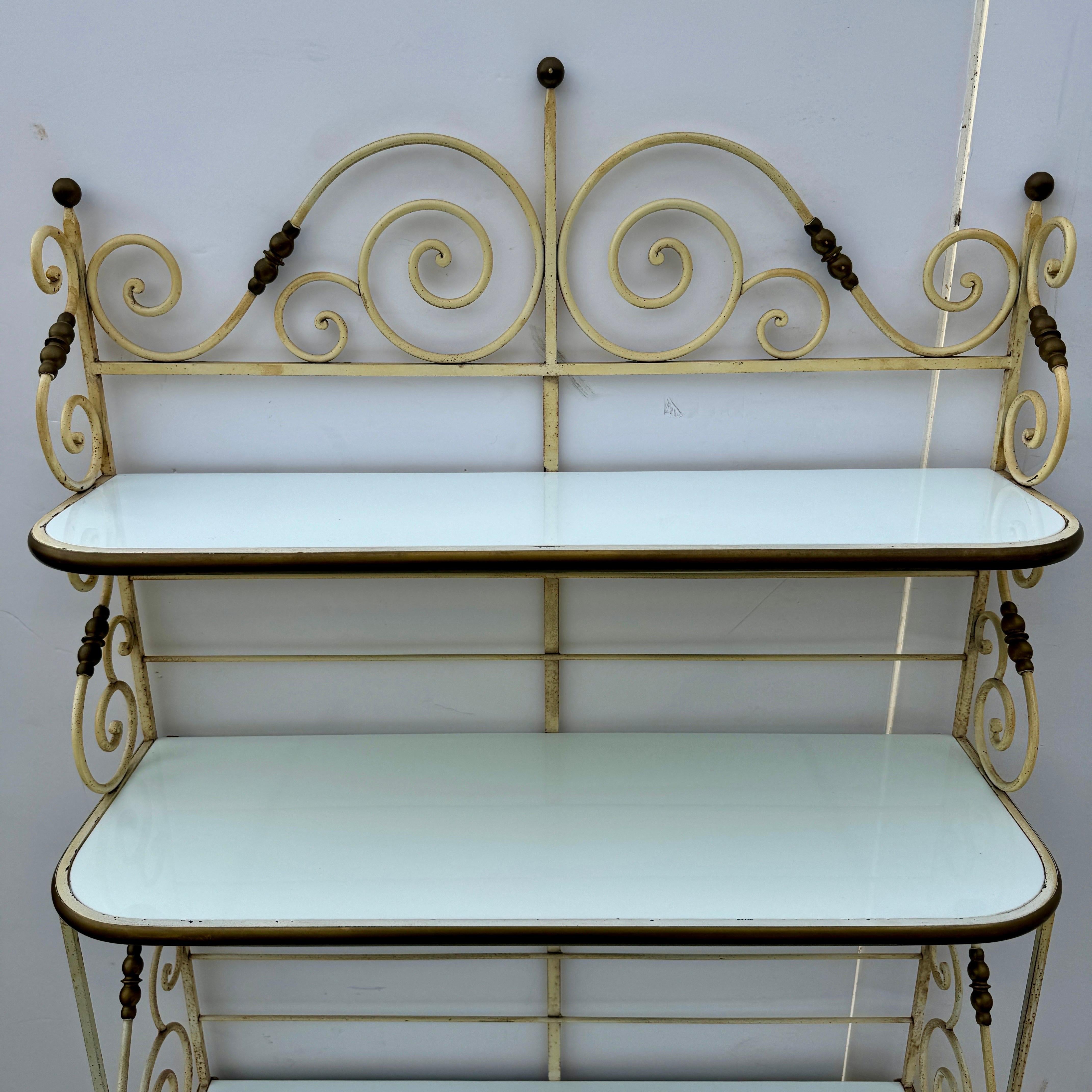 Hand-Crafted Mid-Century French Iron Brass Bakers Rack Bar Cabinet For Sale
