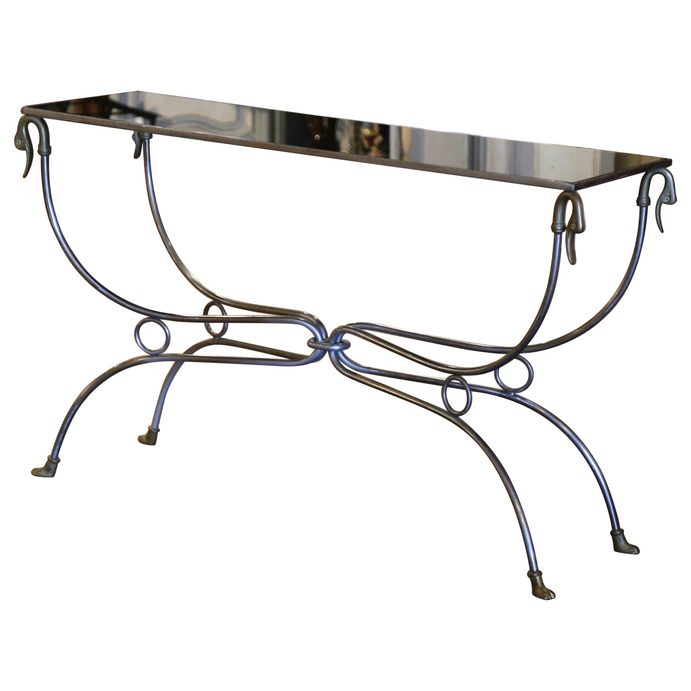Mid-Century French Iron, Bronze and Black Glass Console Table