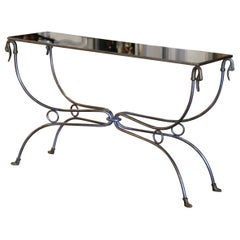 Mid-Century French Iron, Bronze and Black Glass Console Table
