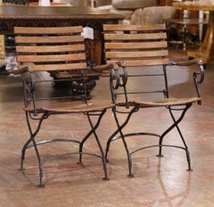 Mid-Century French Iron Frames and Wooden Slats Folding Garden Chairs, Set of 2