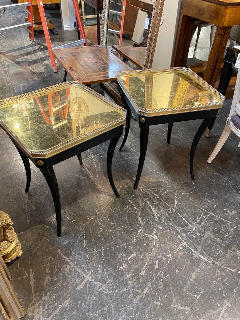 20th Century Mid Century French Jansen Style Black Side Tables with Gold Foil Tops