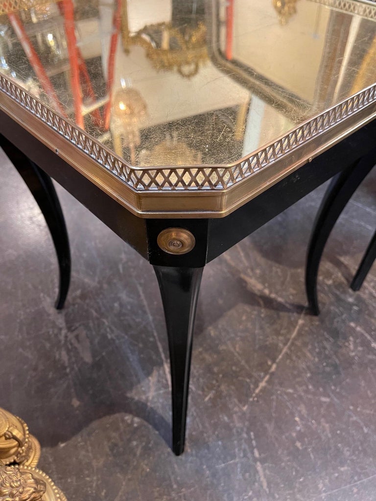 Glass Mid Century French Jansen Style Black Side Tables with Gold Foil Tops