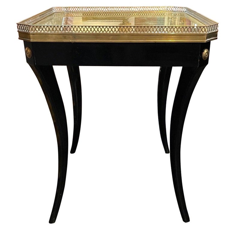 Mid Century French Jansen Style Black Side Tables with Gold Foil Tops