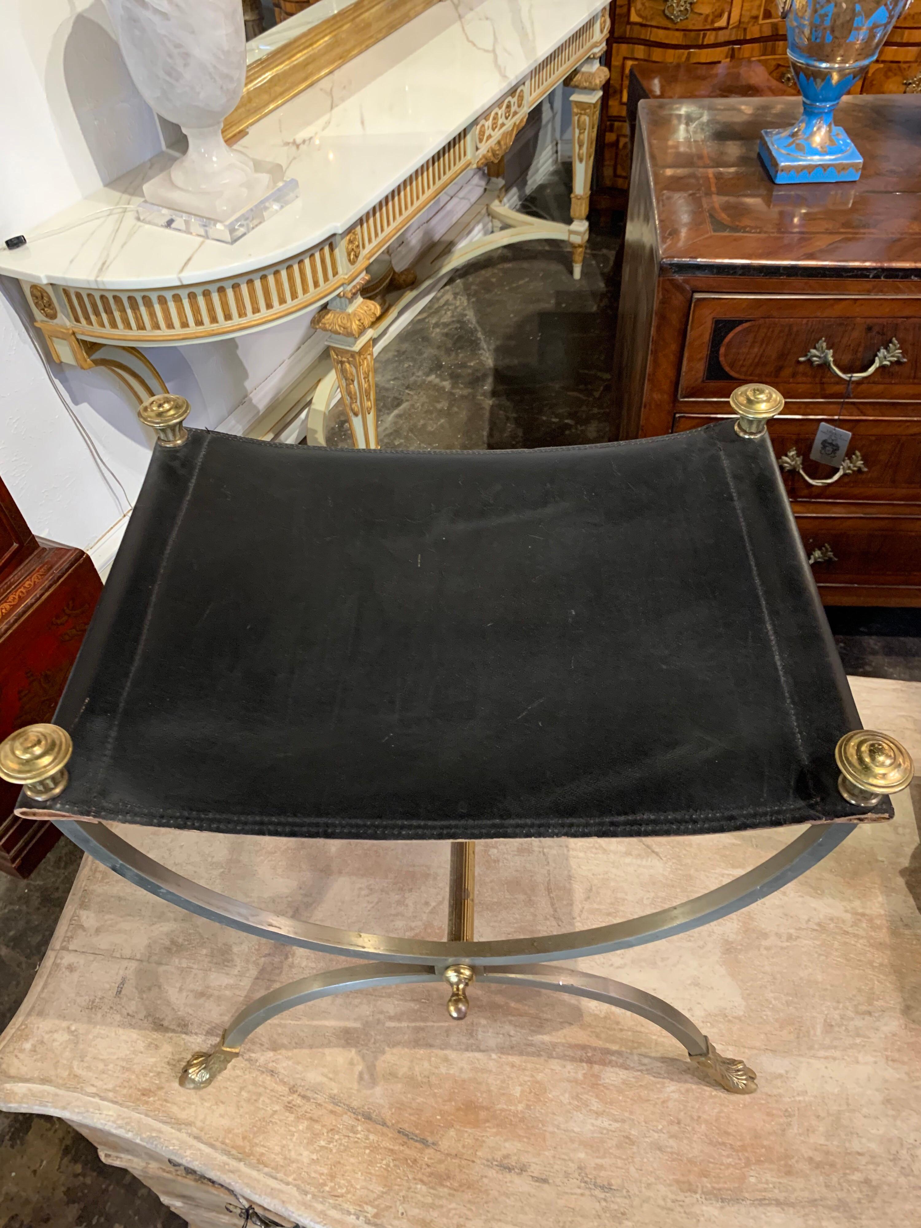 Midcentury French Jansen Style Brass and Leather Stool In Good Condition In Dallas, TX