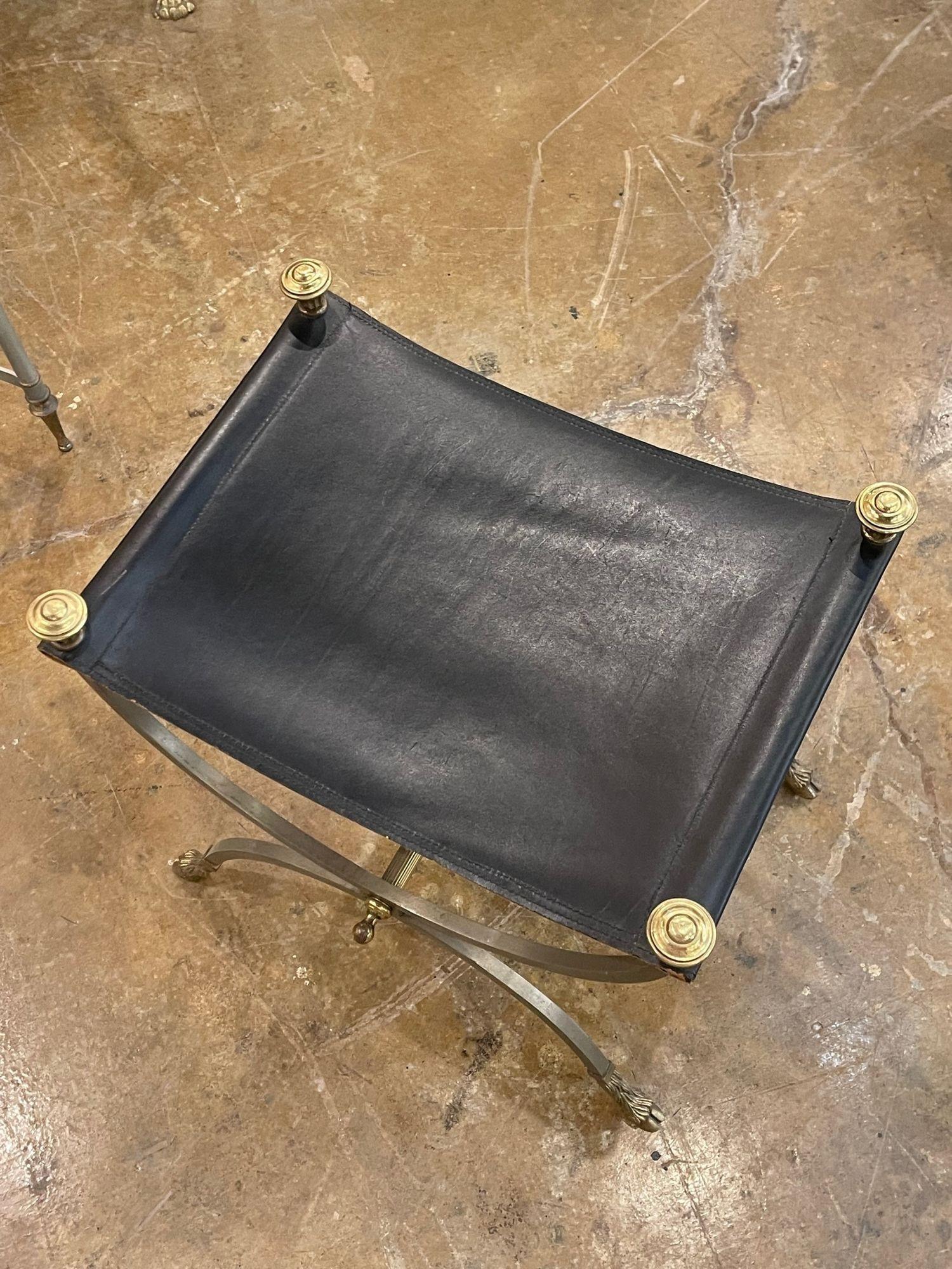 20th Century Mid Century French Jansen Style Steel, Brass and Leather Bench For Sale
