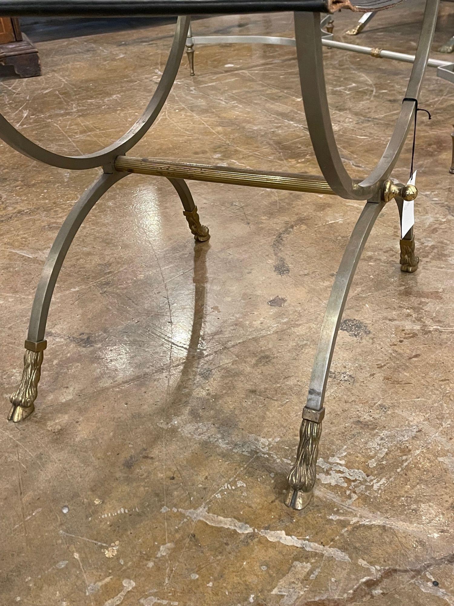 Mid Century French Jansen Style Steel, Brass and Leather Bench For Sale 2