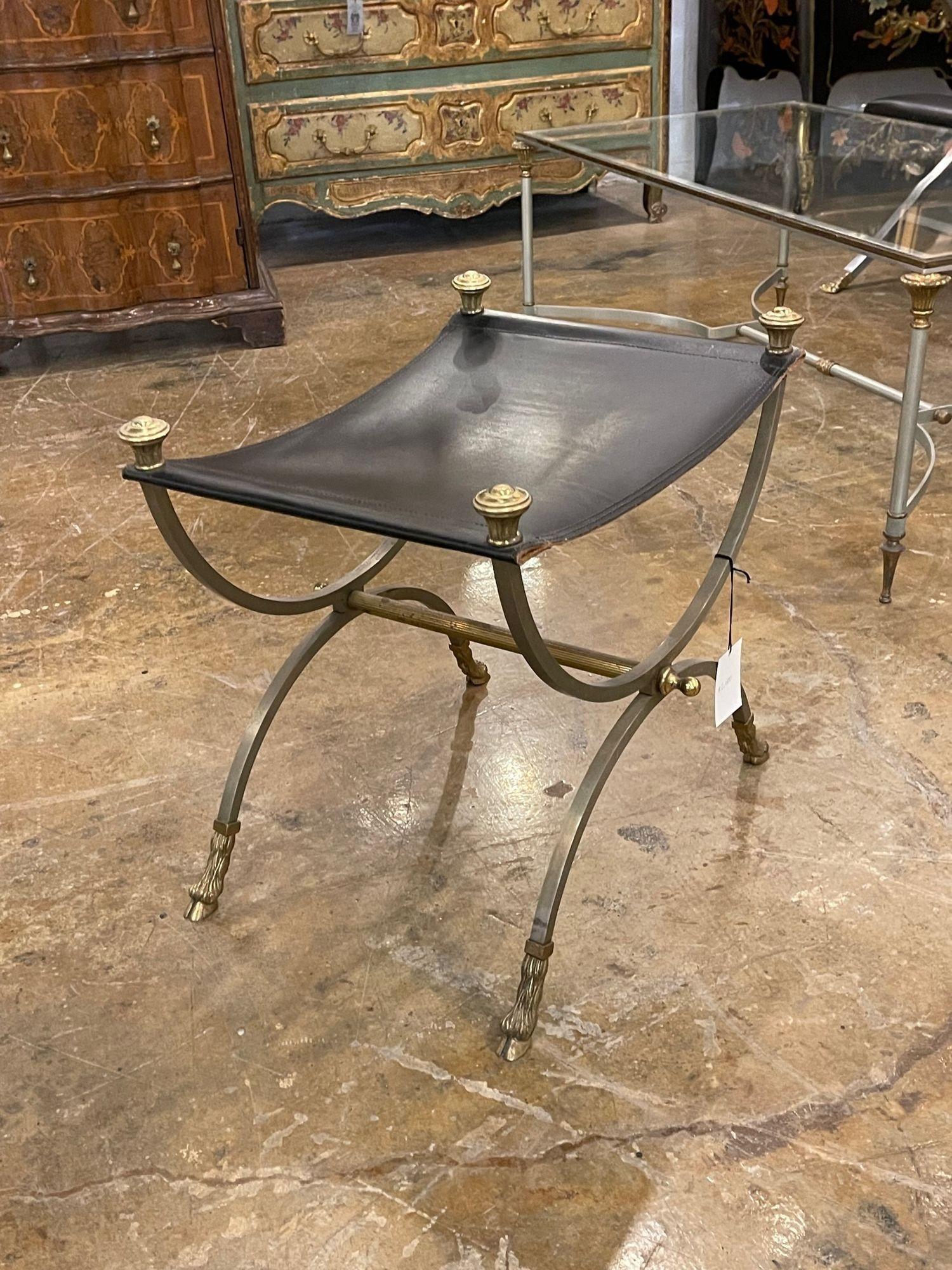 Mid Century French Jansen Style Steel, Brass and Leather Bench For Sale 3