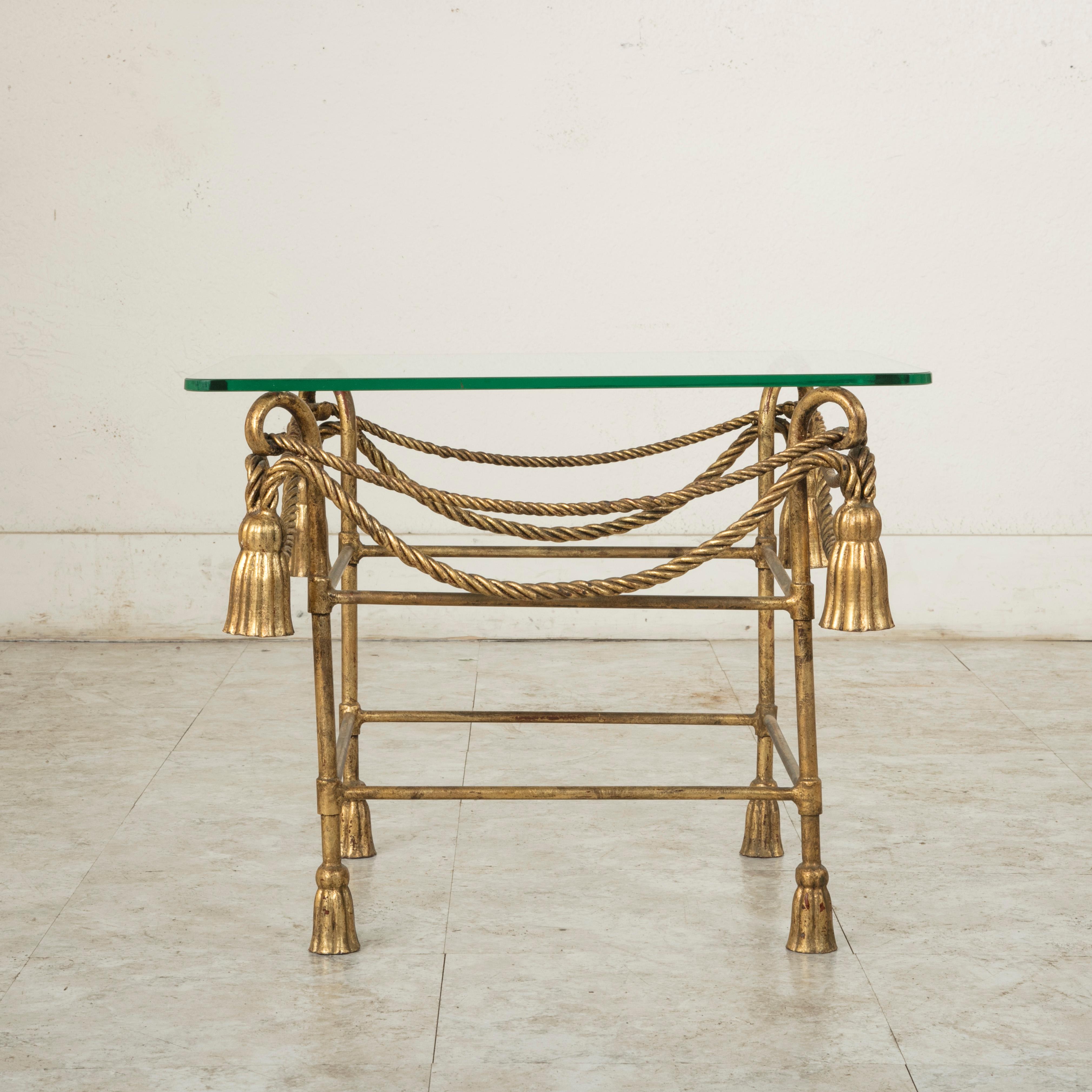 20th Century Midcentury French Jean-Charles Moreux Gilt Iron and Glass Side Table, End Table