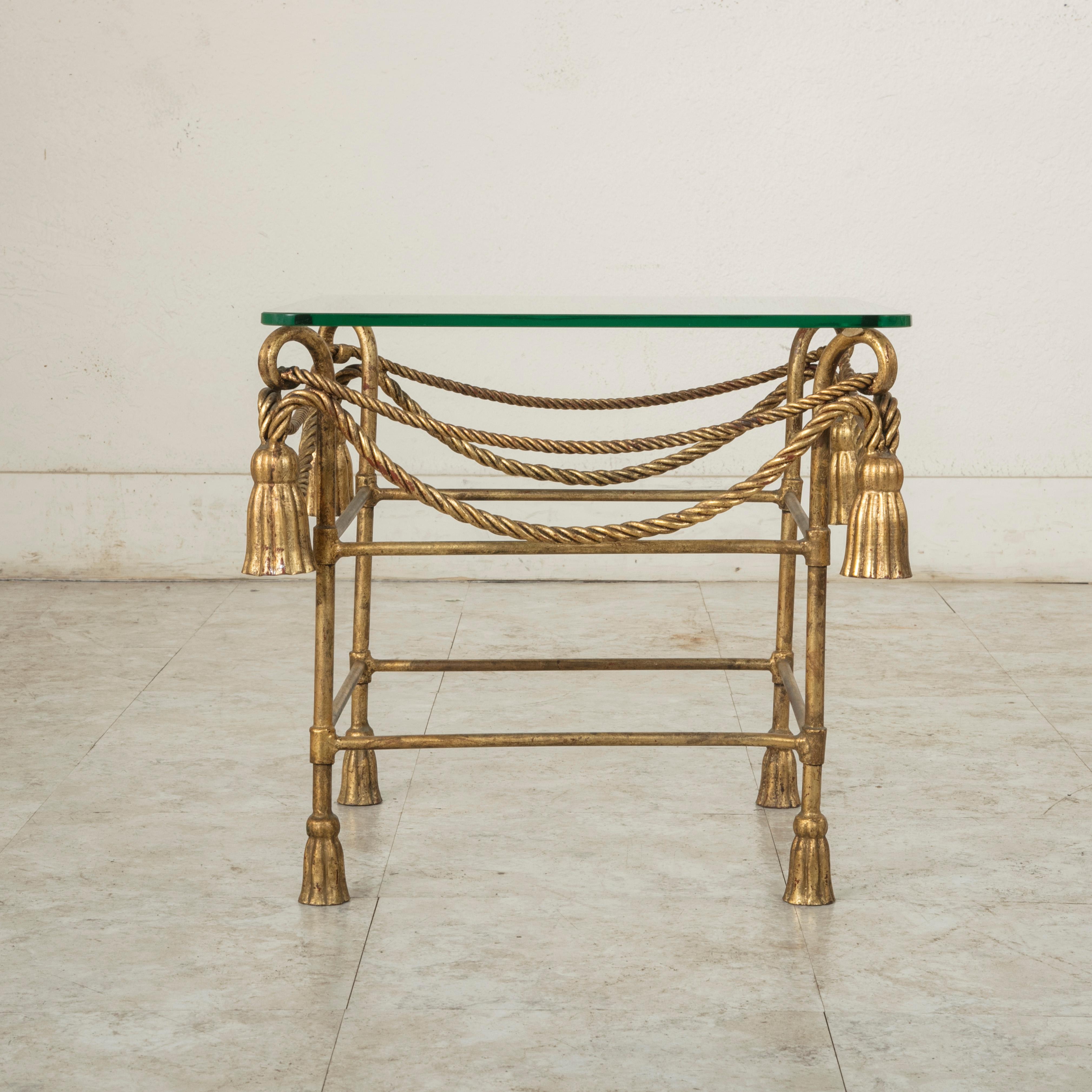 Midcentury French Jean-Charles Moreux Gilt Iron and Glass Side Table, End Table 1