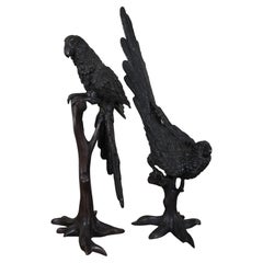 Sculptures françaises Kulang du milieu du siècle en bronze, perroquet de Macao et oiseaux 27 po.