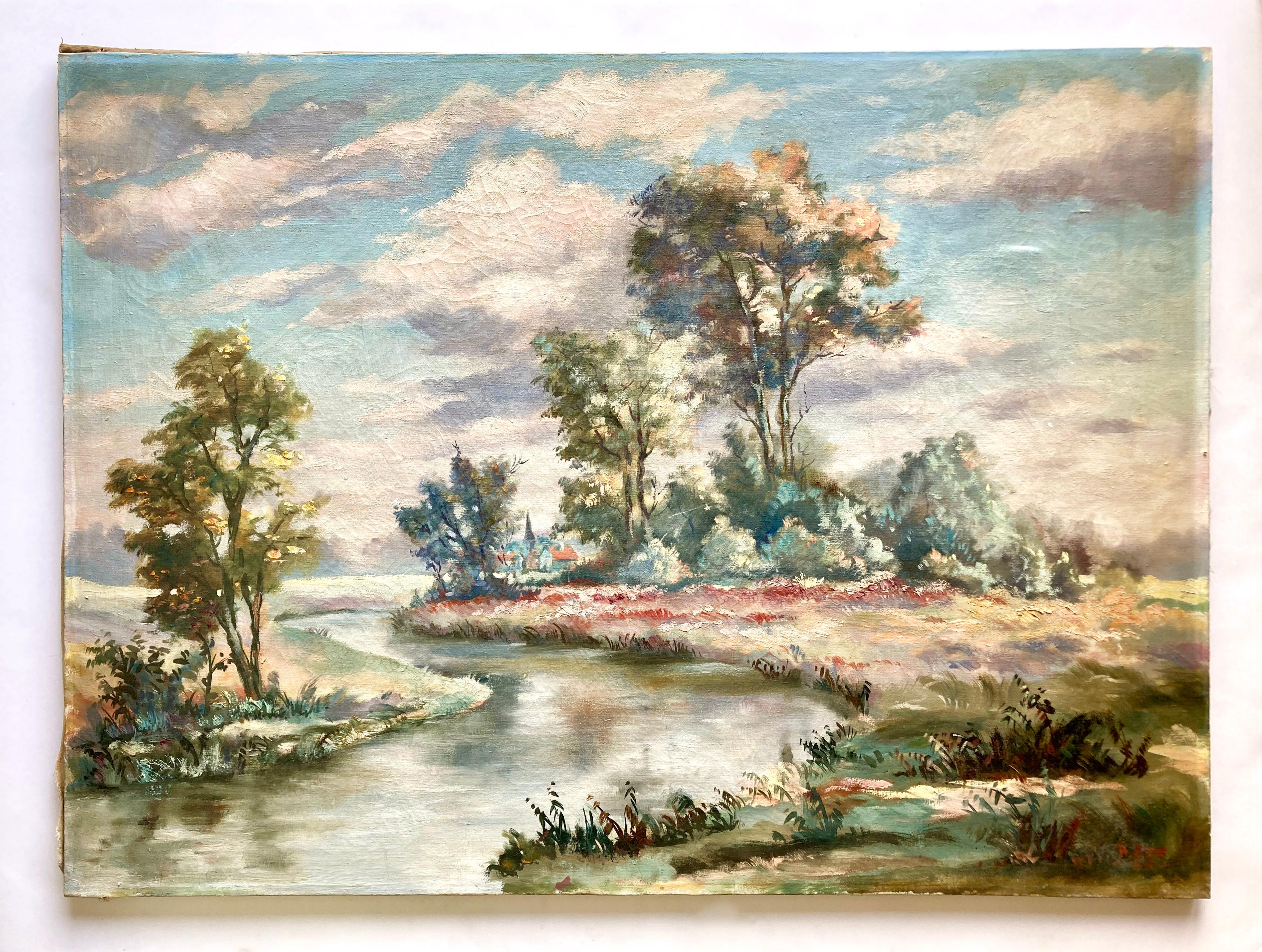 Eine große, romantische Landschaft in sanften Pastellfarben. Dieses Original-Ölgemälde auf Leinwand ist signiert und datiert 1955 von dem französischen Künstler A. Erb (1911-2005), siehe rechte untere Ecke. 

Alfred Erb wurde am 6. April 1911 in