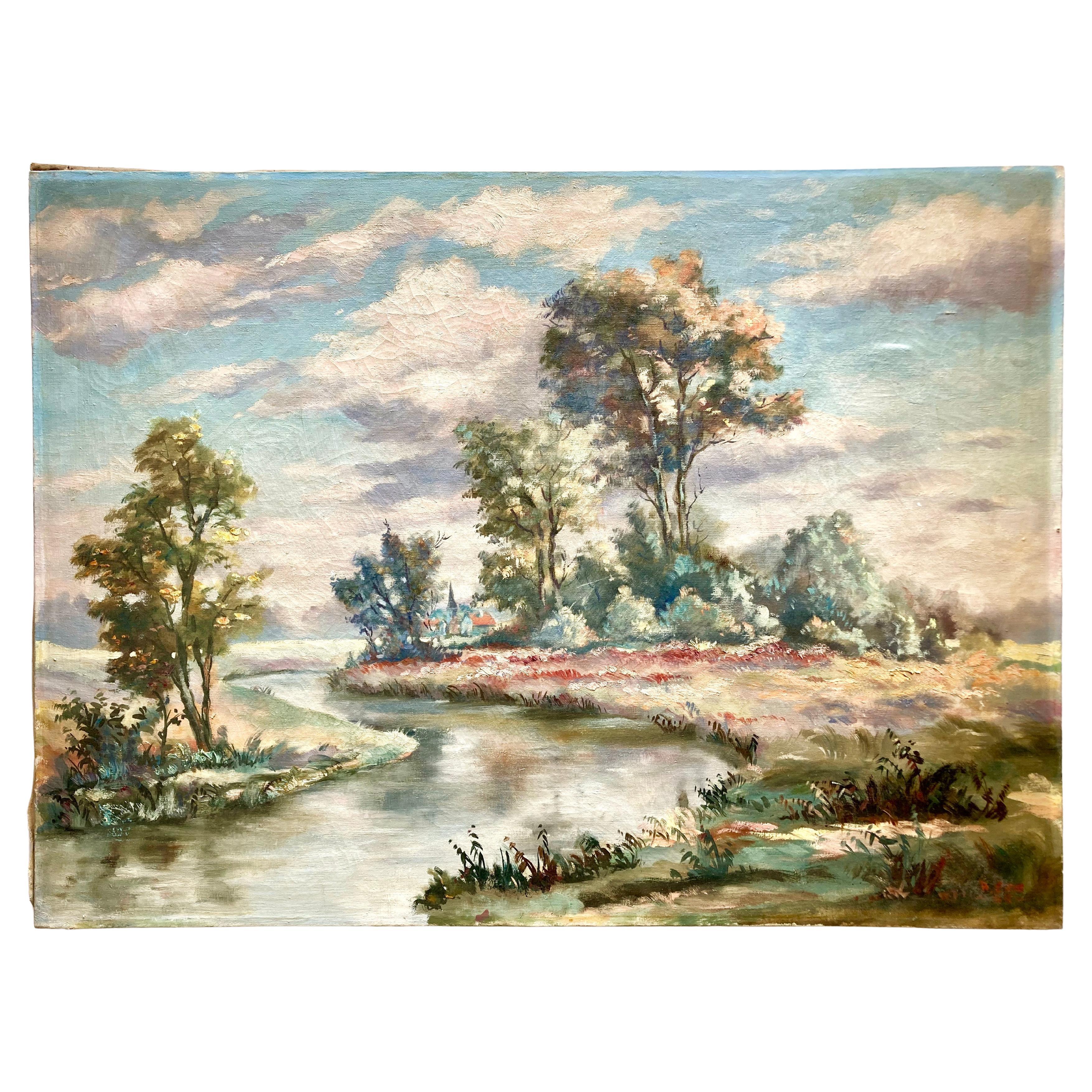 Mid-Century French Landscape Oil Painting on Stretched Canvas by Alfred Erb For Sale