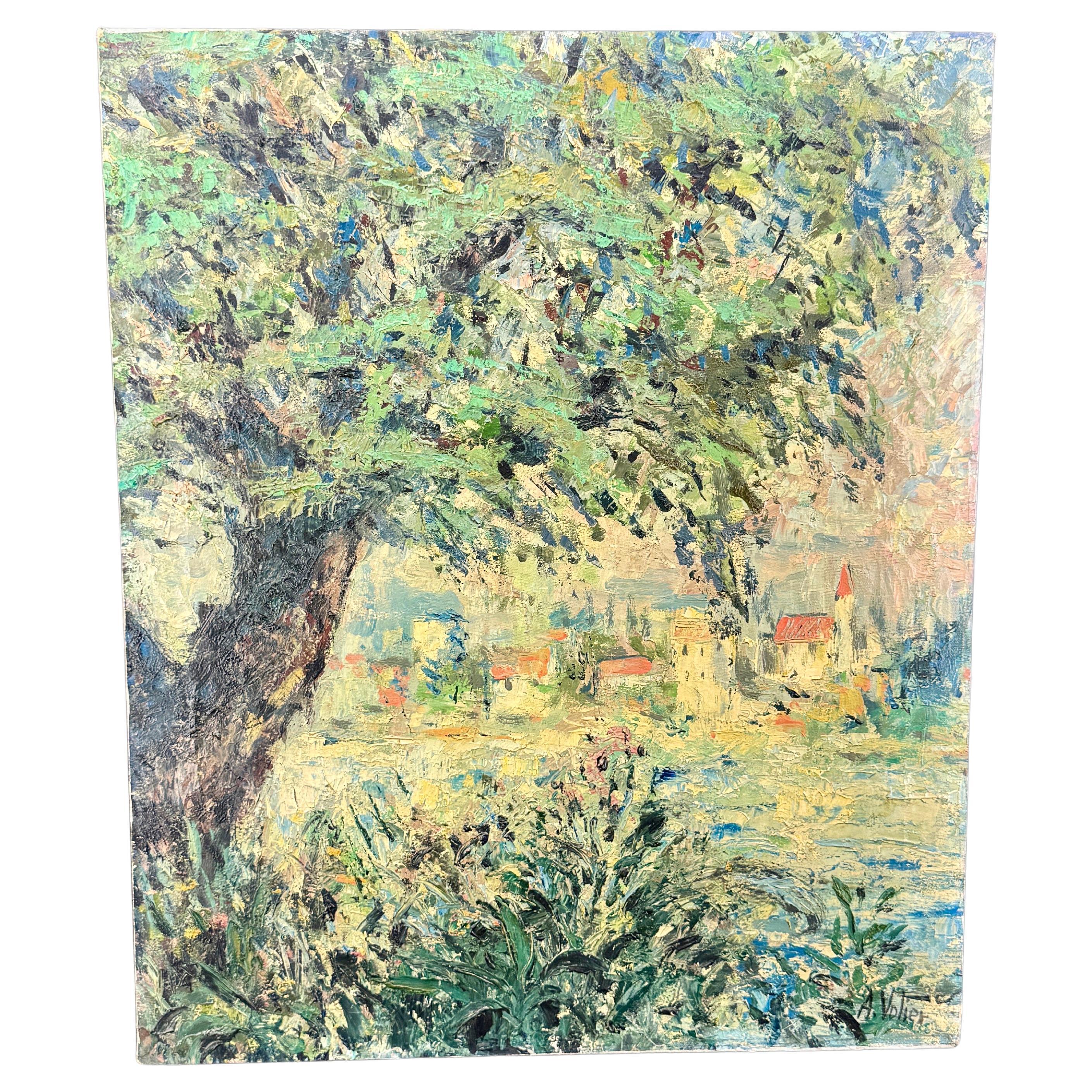 Pittura ad olio di paesaggio francese della metà del secolo scorso, firmata A. Volier in vendita