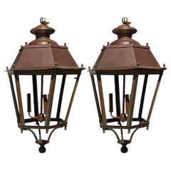 Mid-Century French Large Scale Copper / Cast Iron & Brass Lanterns - Pair