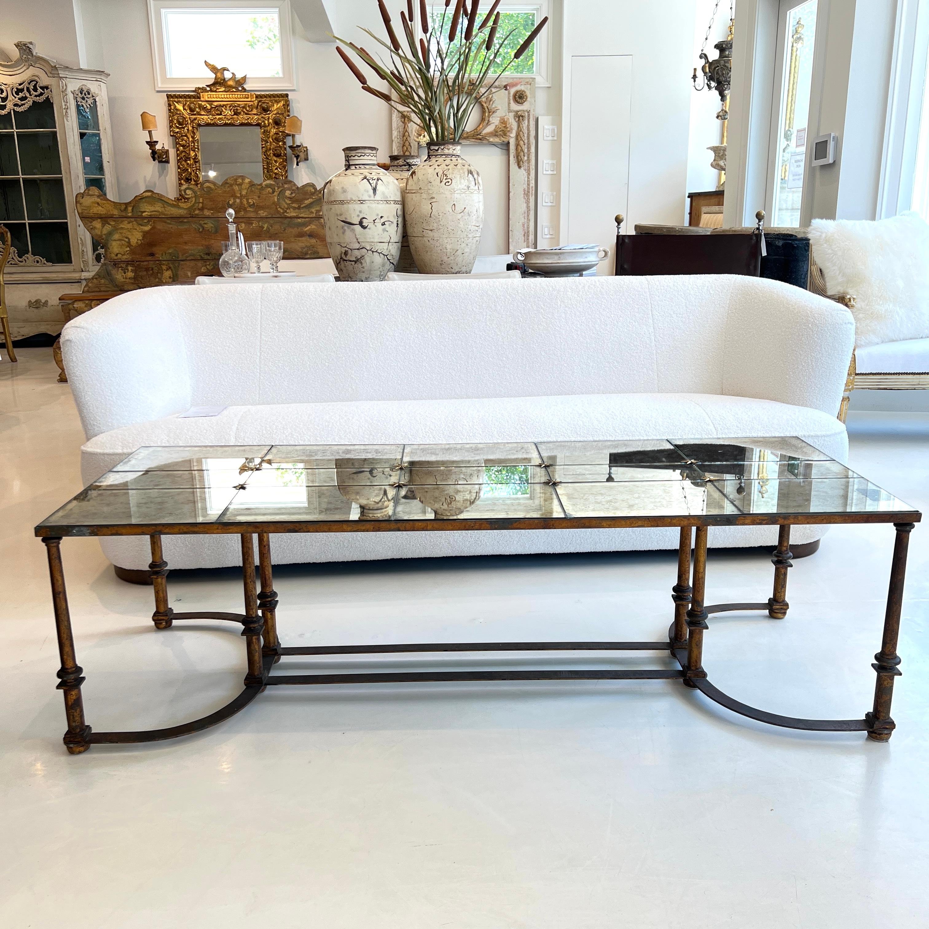 Mid-Century Modern Mid-Century French Large Scale Iron & Antique Floxed Mirror Coffee Table For Sale