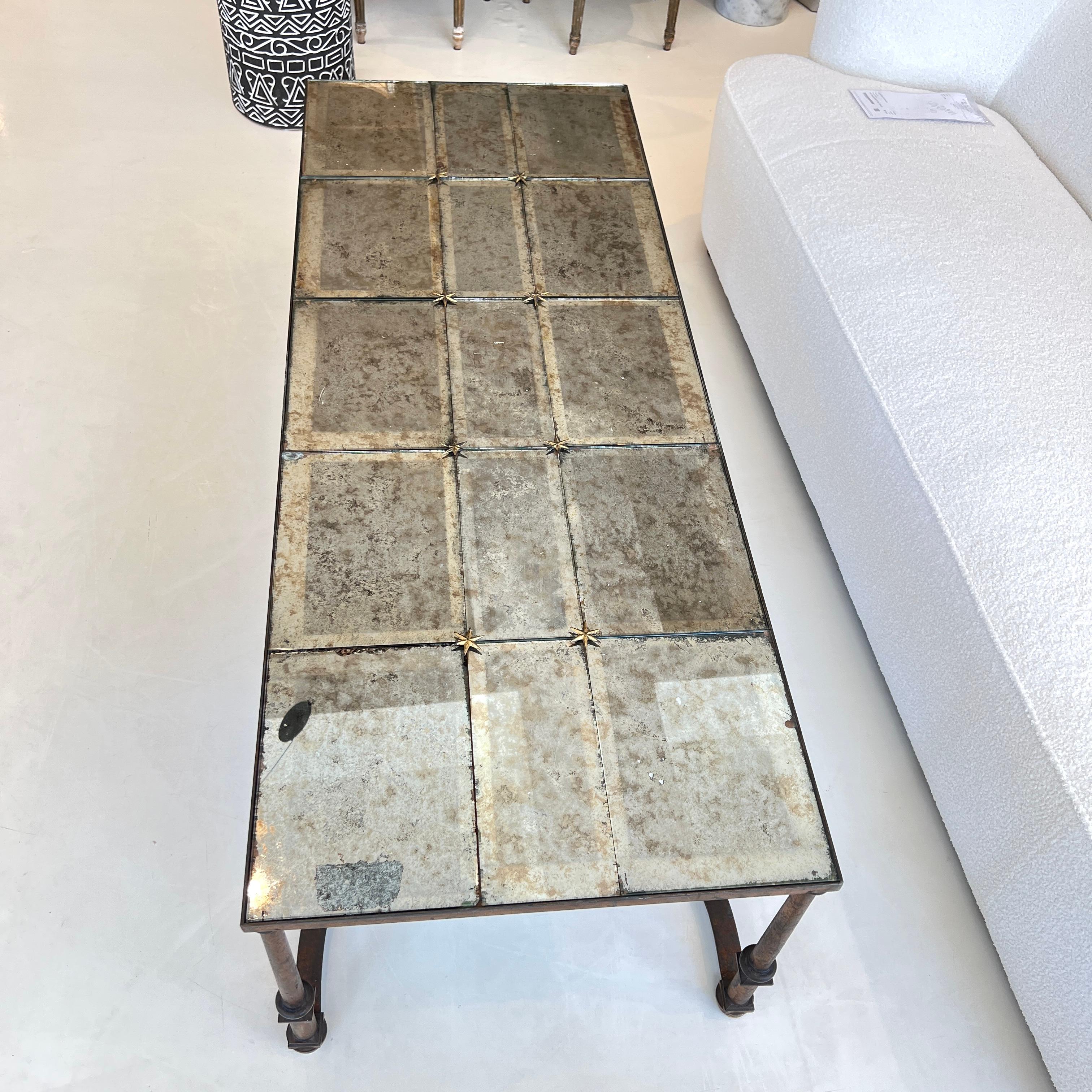 Mid-Century French Large Scale Iron & Antique Floxed Mirror Coffee Table In Fair Condition For Sale In New Orleans, LA