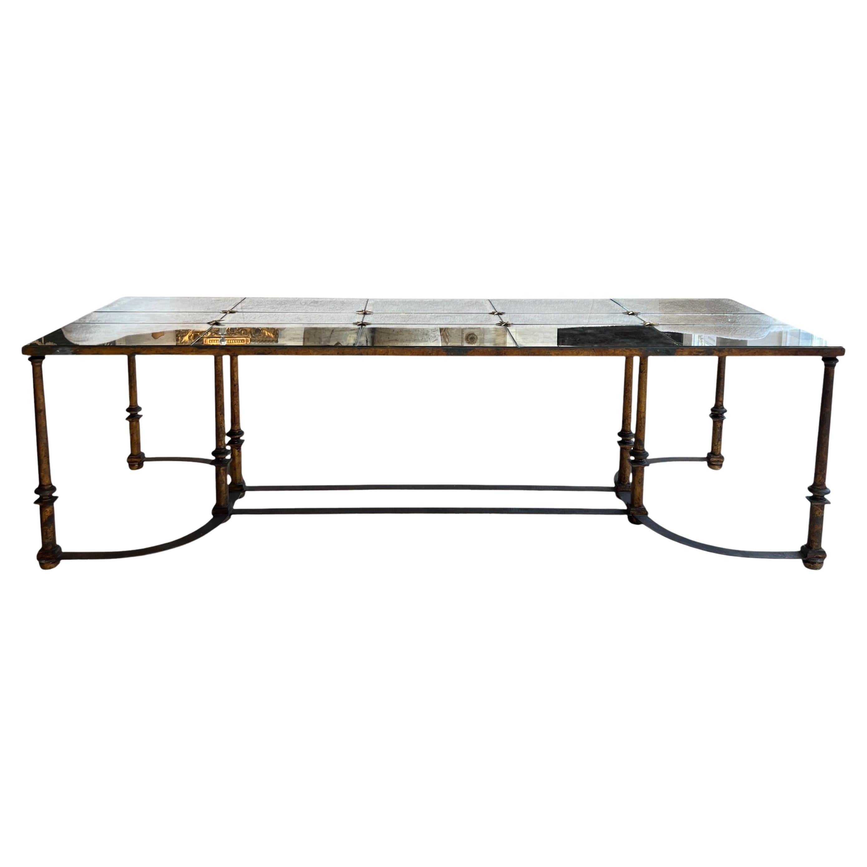 Mid-Century French Large Scale Iron & Antique Floxed Mirror Coffee Table For Sale