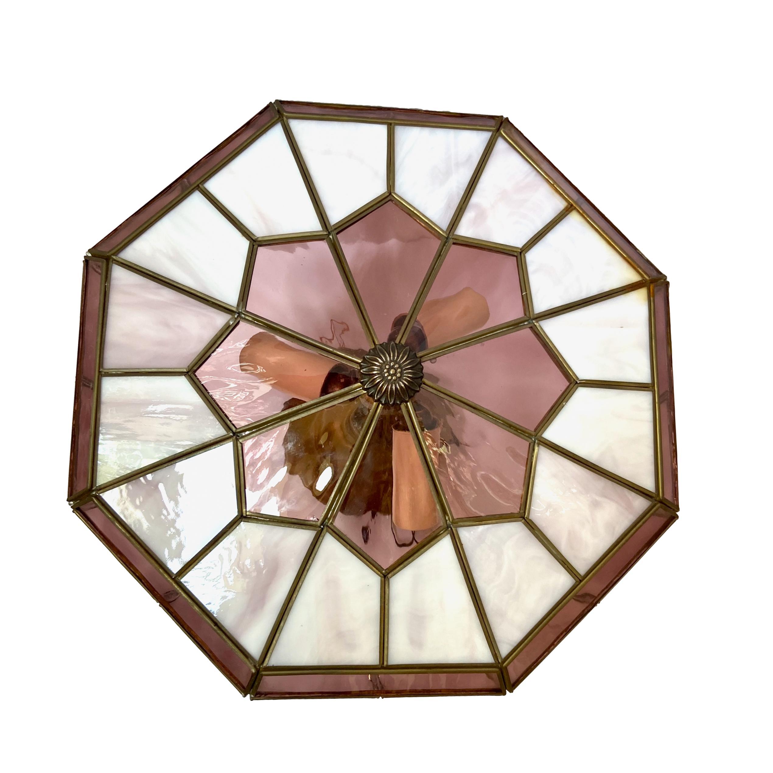 Art Glass Mid Century French Leaded Glass Light Fixture For Sale